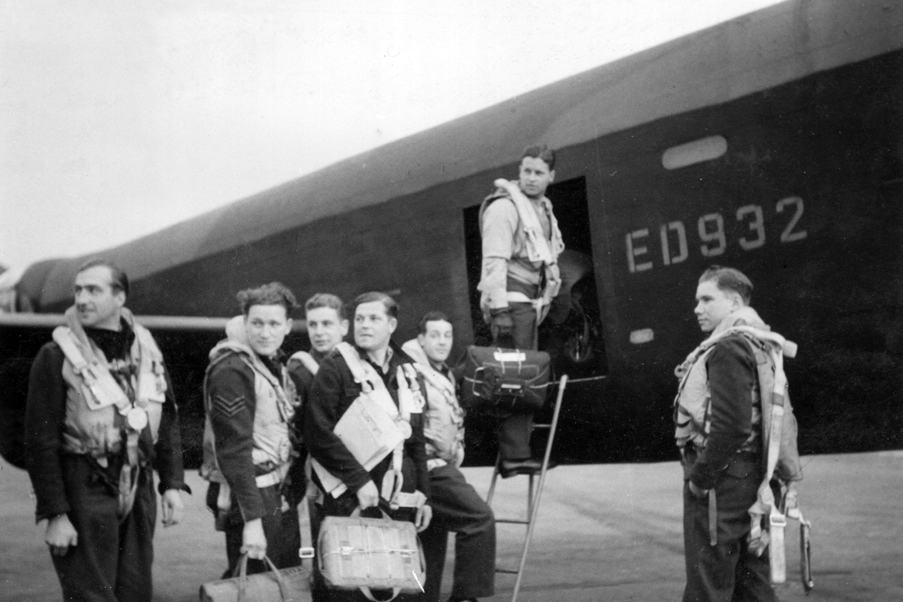 Wing Commander Guy Gibson (second right) and his crew board their Avro Lancaster III at RAF Scampton (MoD/Crown Copyright/PA)