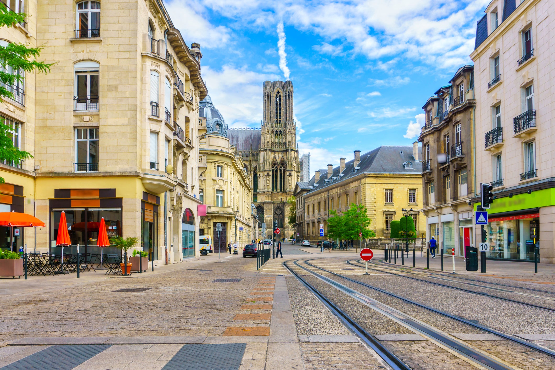 Tramlines through the Reims city centre in northeastern France