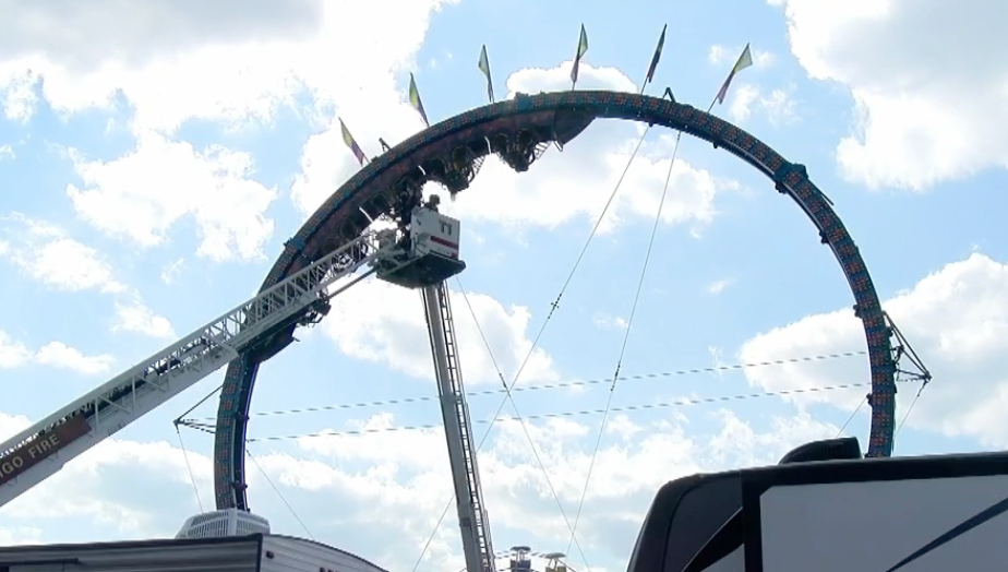 Eight people were stuck upside down in a roller coaster at a fair in Crandon, Wisconsin, on 3 July