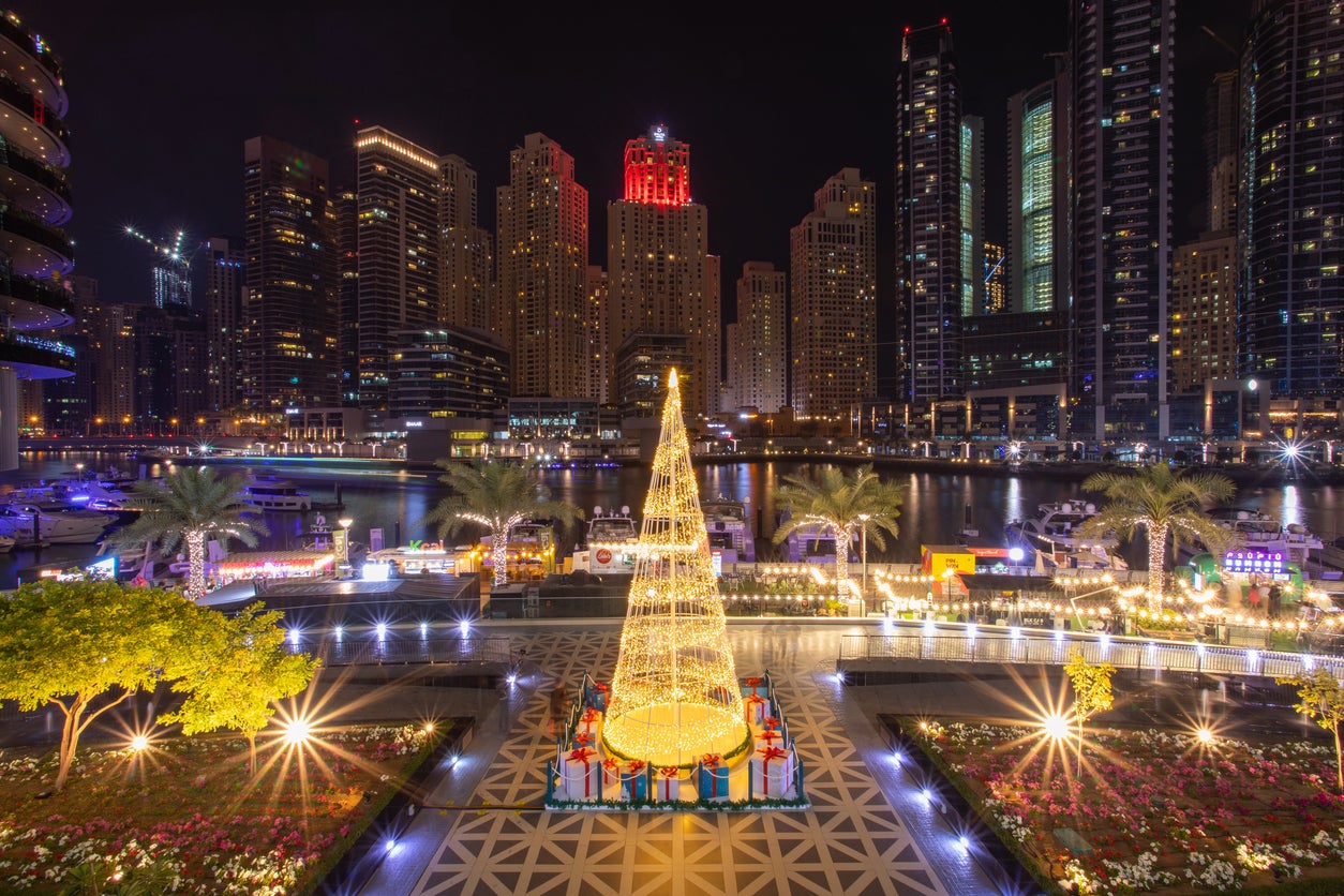 The city’s marina decorated at Christmas