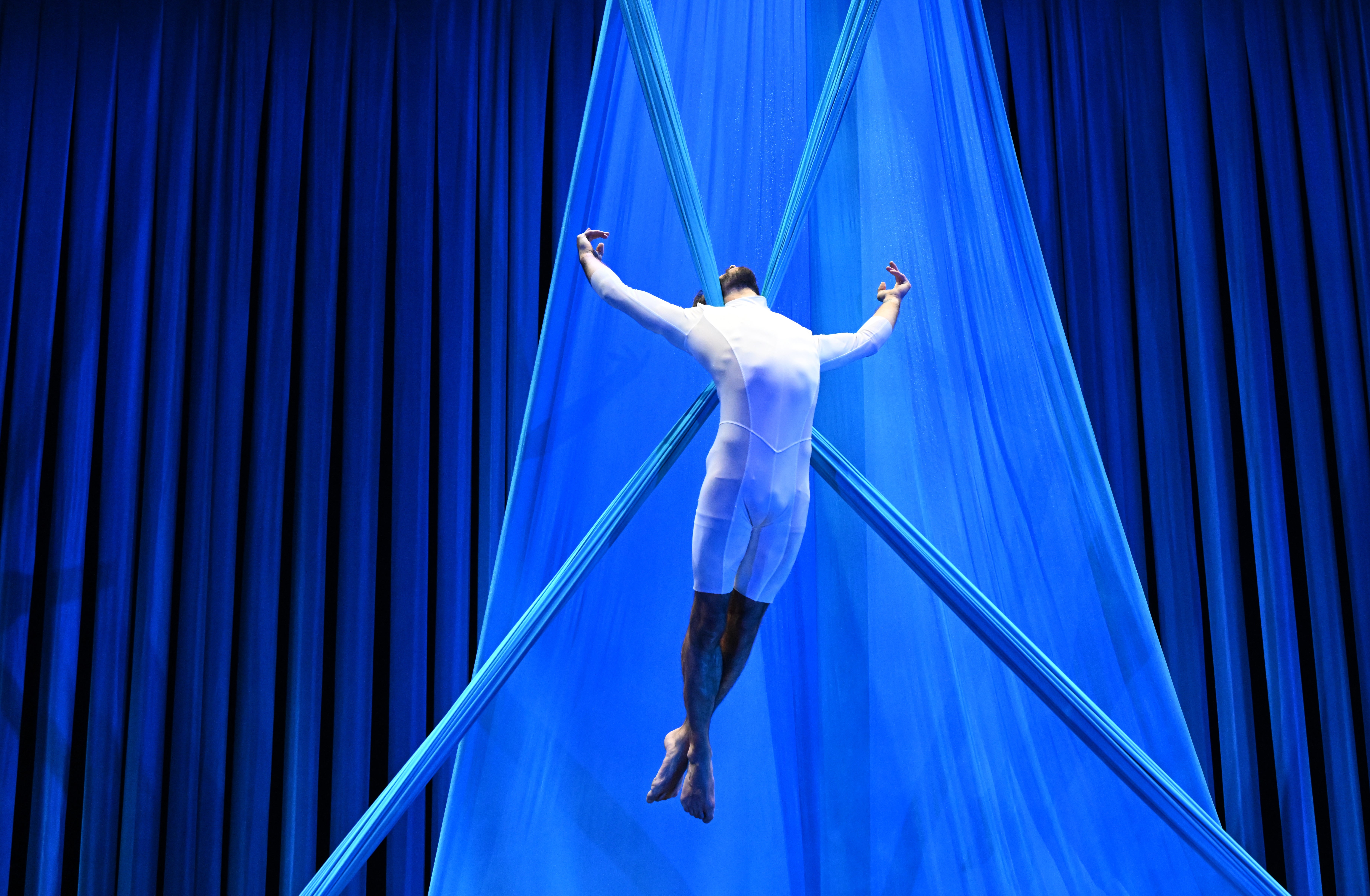 An acrobat from contemporary circus company Circa performs during a media preview of Duck Pond at the QPAC’s Playhouse in Brisbane, Australia