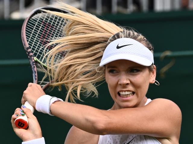 <p>Britain's Katie Boulter returns the ball to Bulgaria's Viktoriya Tomova</p>
