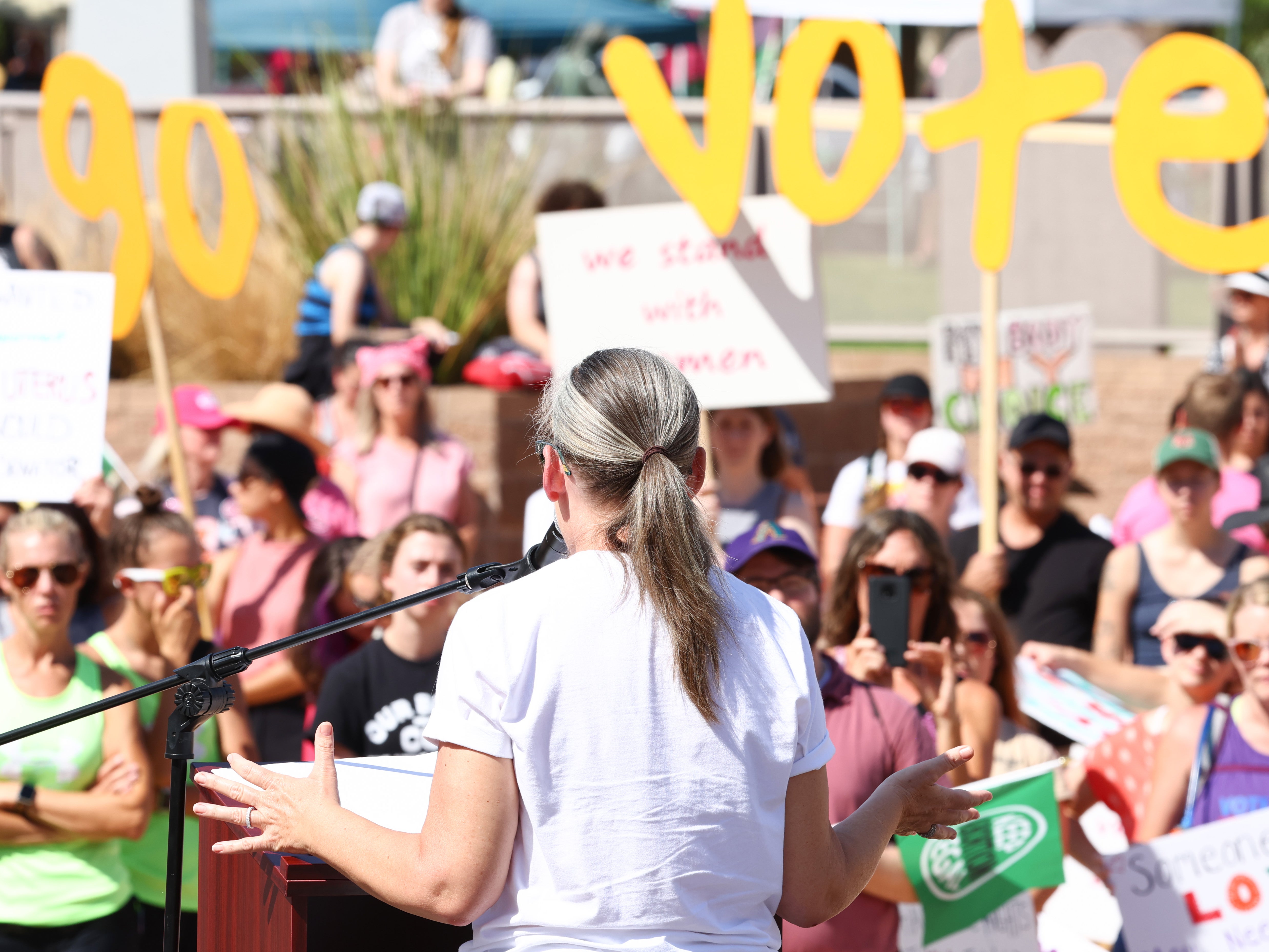 Arizona Secretary of State and Democratic gubernatorial candidate Katie Hobbs speaks at a Women's March rally in support of midterm election candidates who support abortion rights outside the State Capitol on October 8, 2022 in Phoenix, Arizona