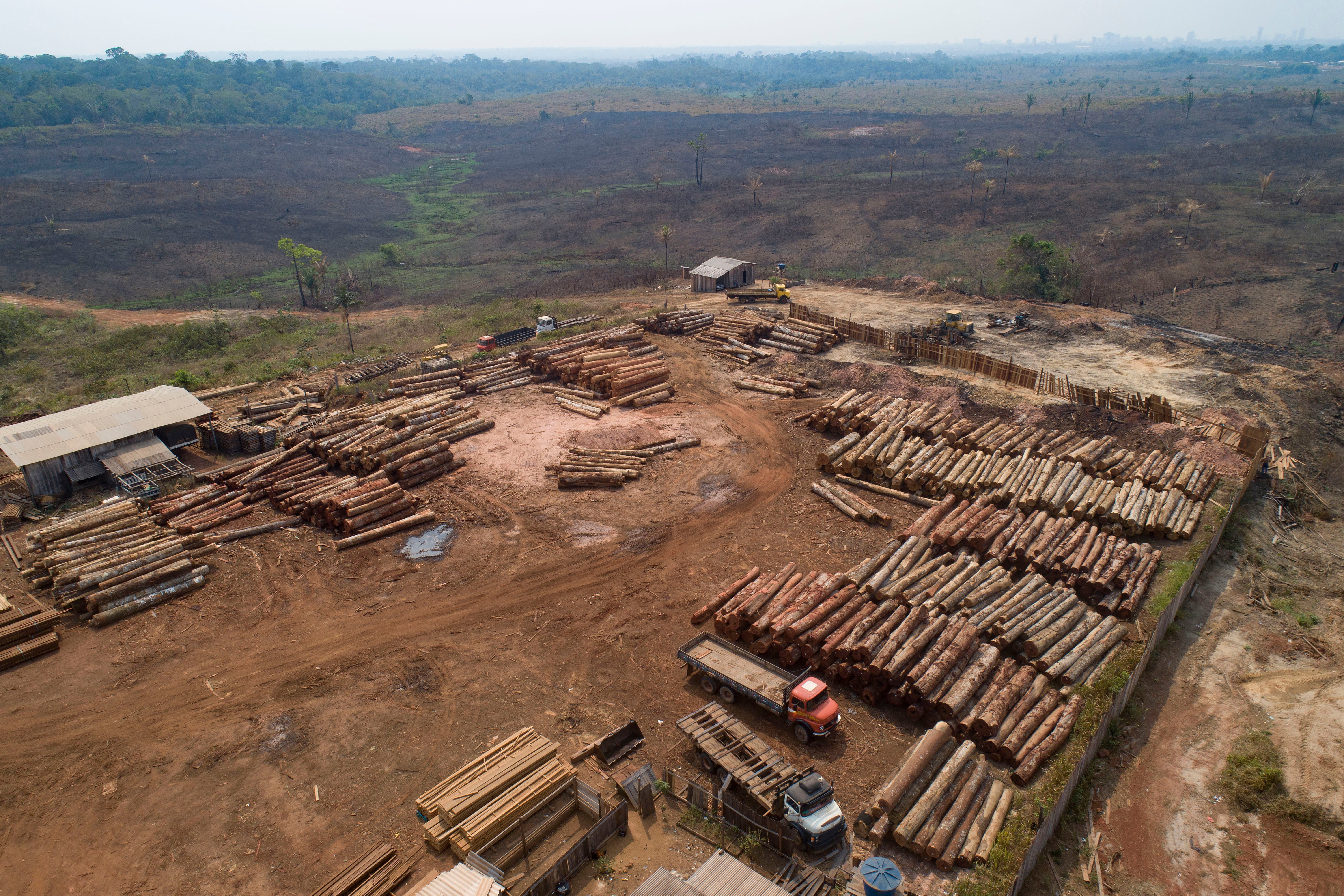 Logs are stacked at a lumber mill surrounded by recently charred and deforested fields near Porto Velho, Rondonia state, Brazil