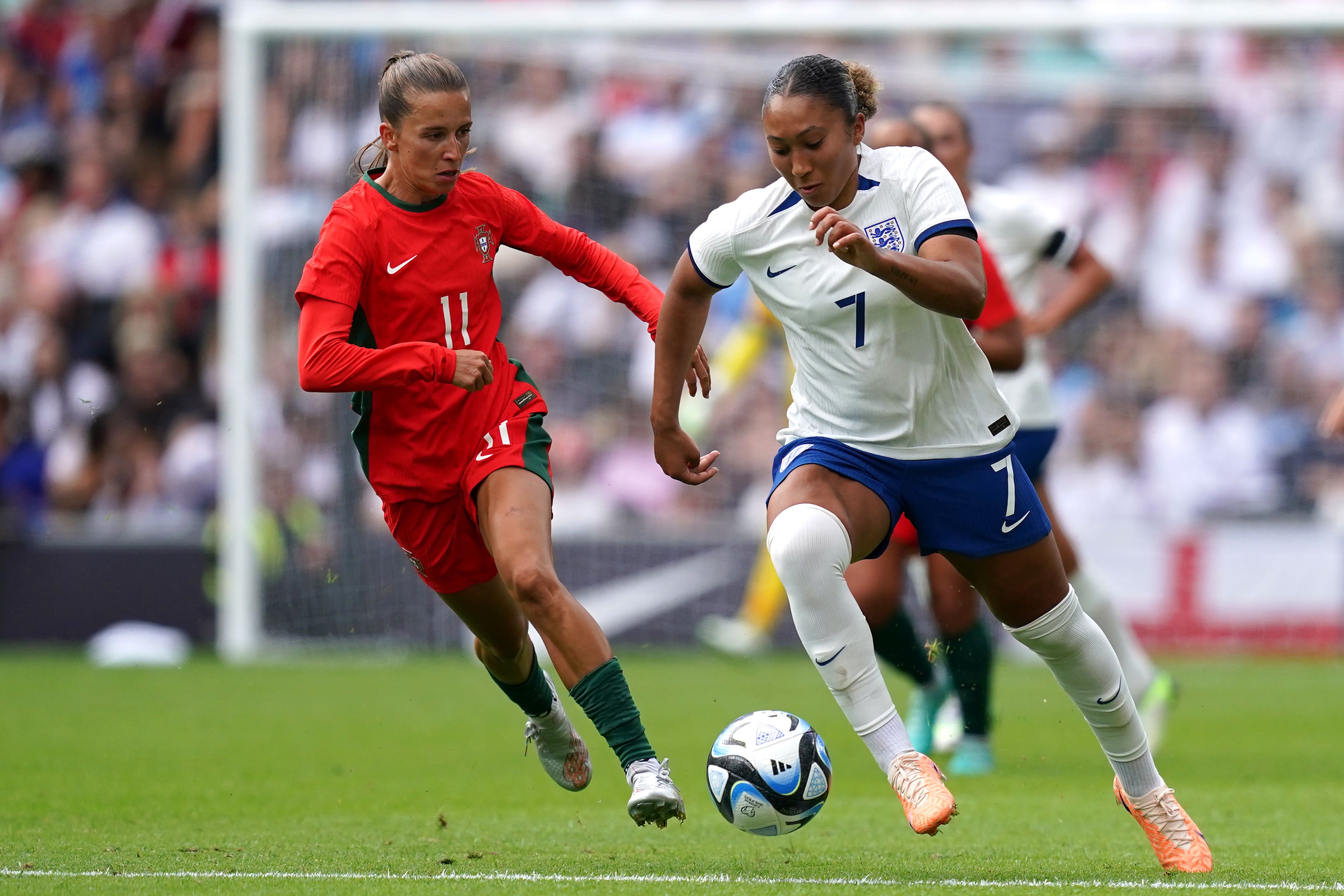 Lauren James (right) is heading to her first international major tournament as part of England’s World Cup squad (Martin Rickett/PA)