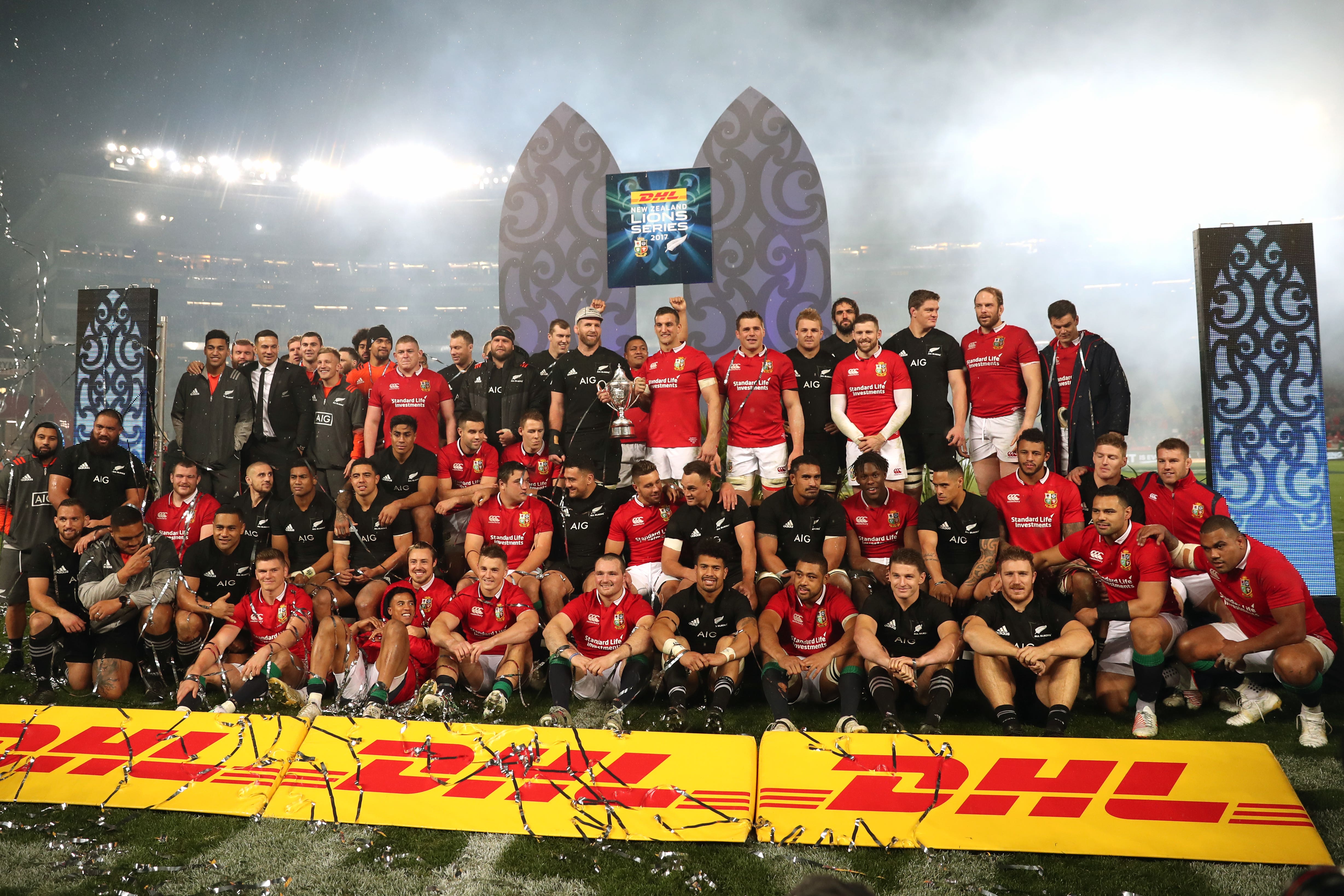 British and Irish Lions players and their New Zealand counterparts following a drawn Test series (David |Davies/PA)