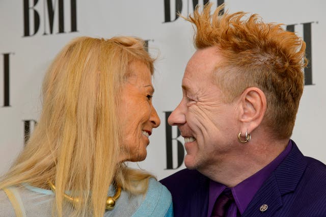 <p>Nora Forster and John Lydon attends the BMI Awards at The Dorchester on October 15, 2013</p>