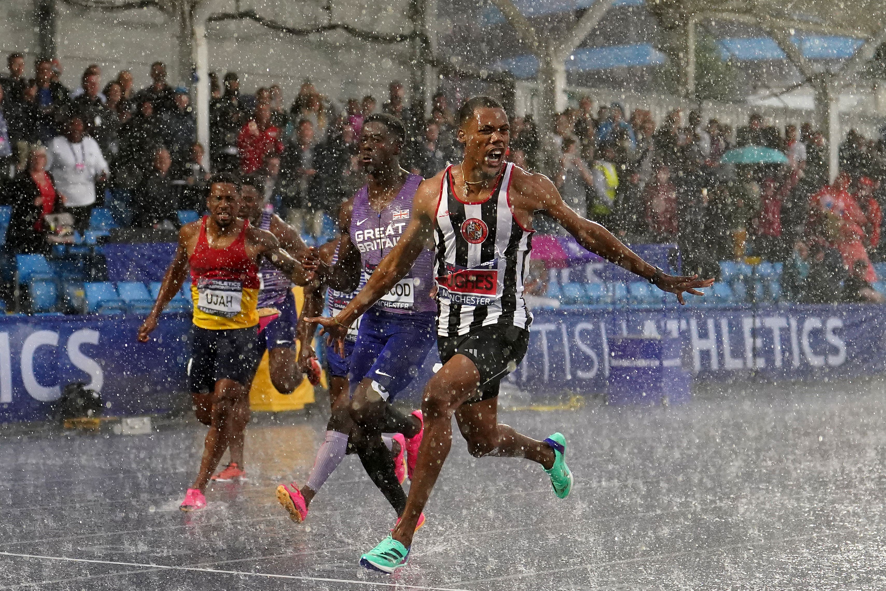 Zharnel Hughes wins the men’s 100m in Manchester. (Martin Rickett/PA)