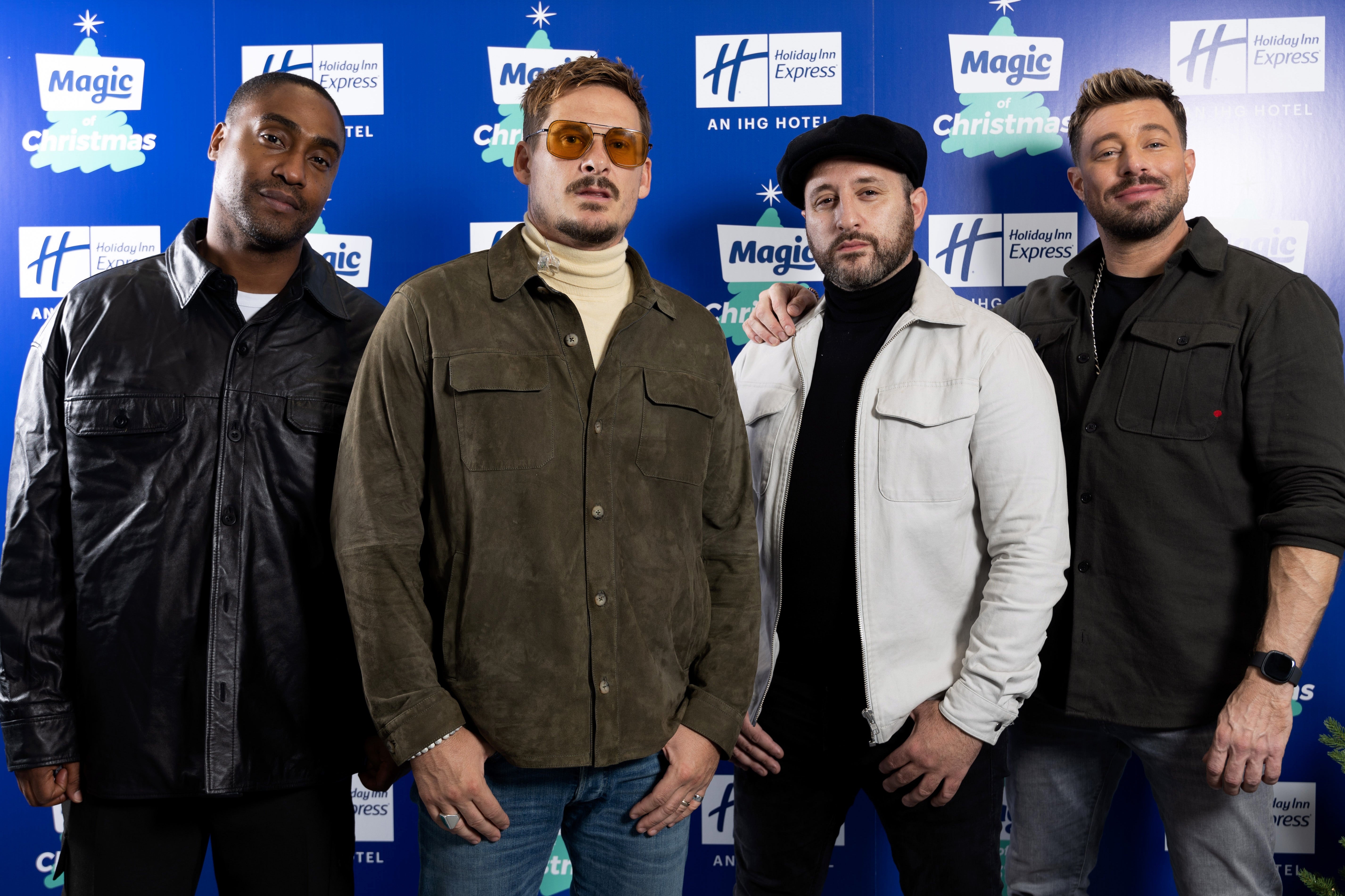 Simon Webbe, Lee Ryan, Antony Costa and Duncan James from Blue attend the "Magic Of Christmas" at the London Palladium on November 26, 2022