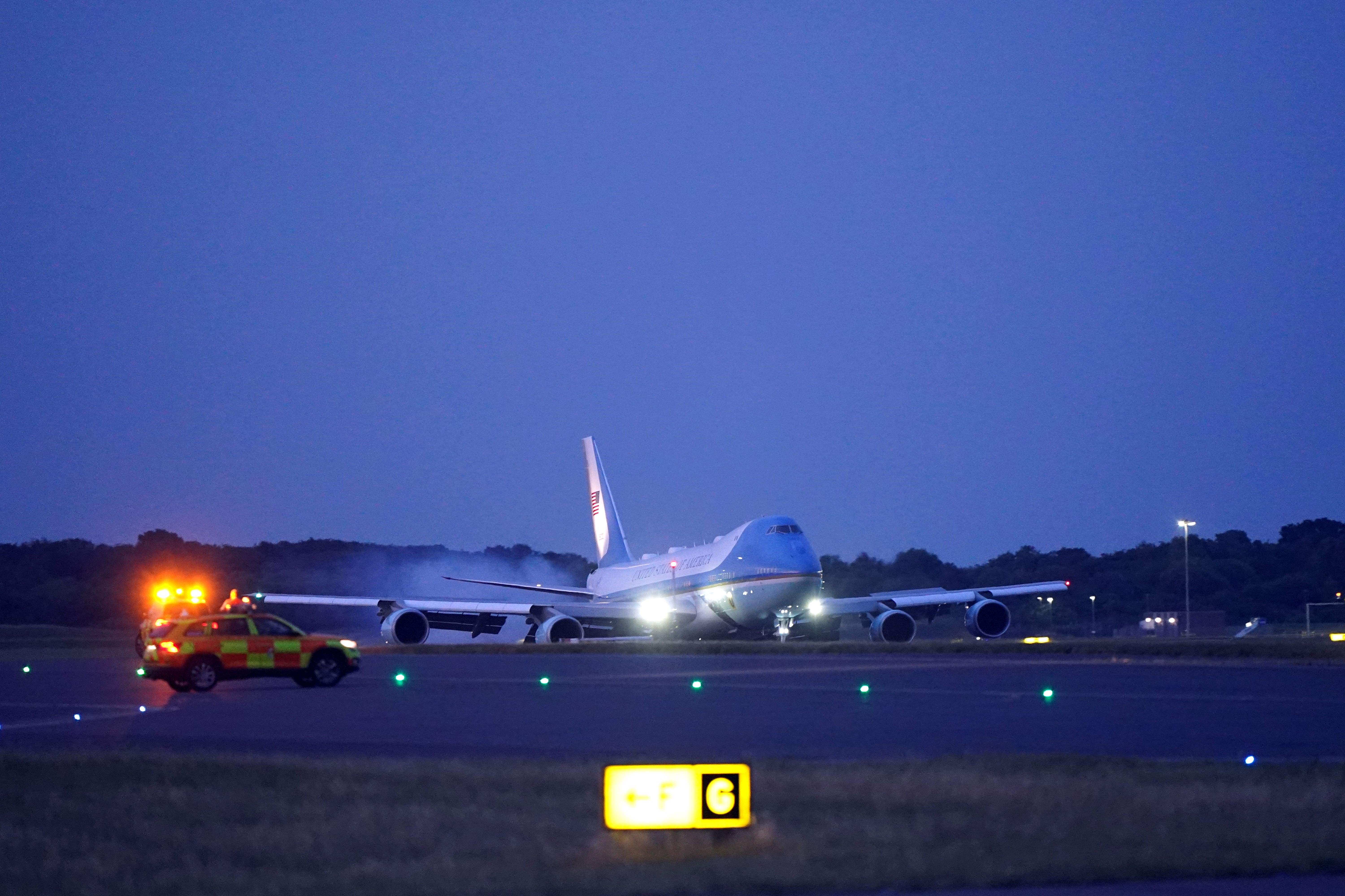 US president Joe Biden arrives on Air Force One at Stansted Airport