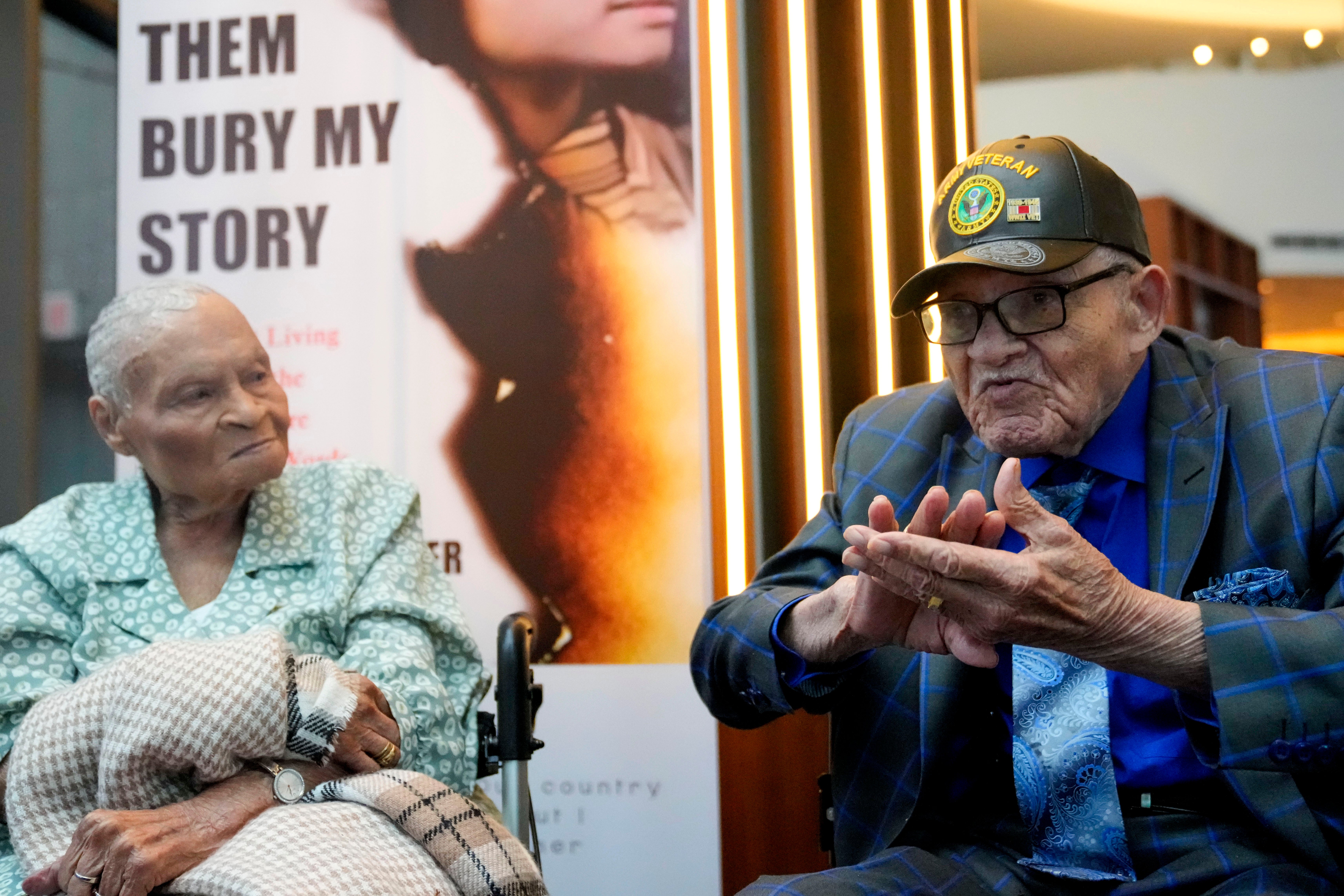 Tulsa race massacre survivors Viola Fletcher, left, and her younger brother Hughes Van Ellis, speak at an event on 16 June.