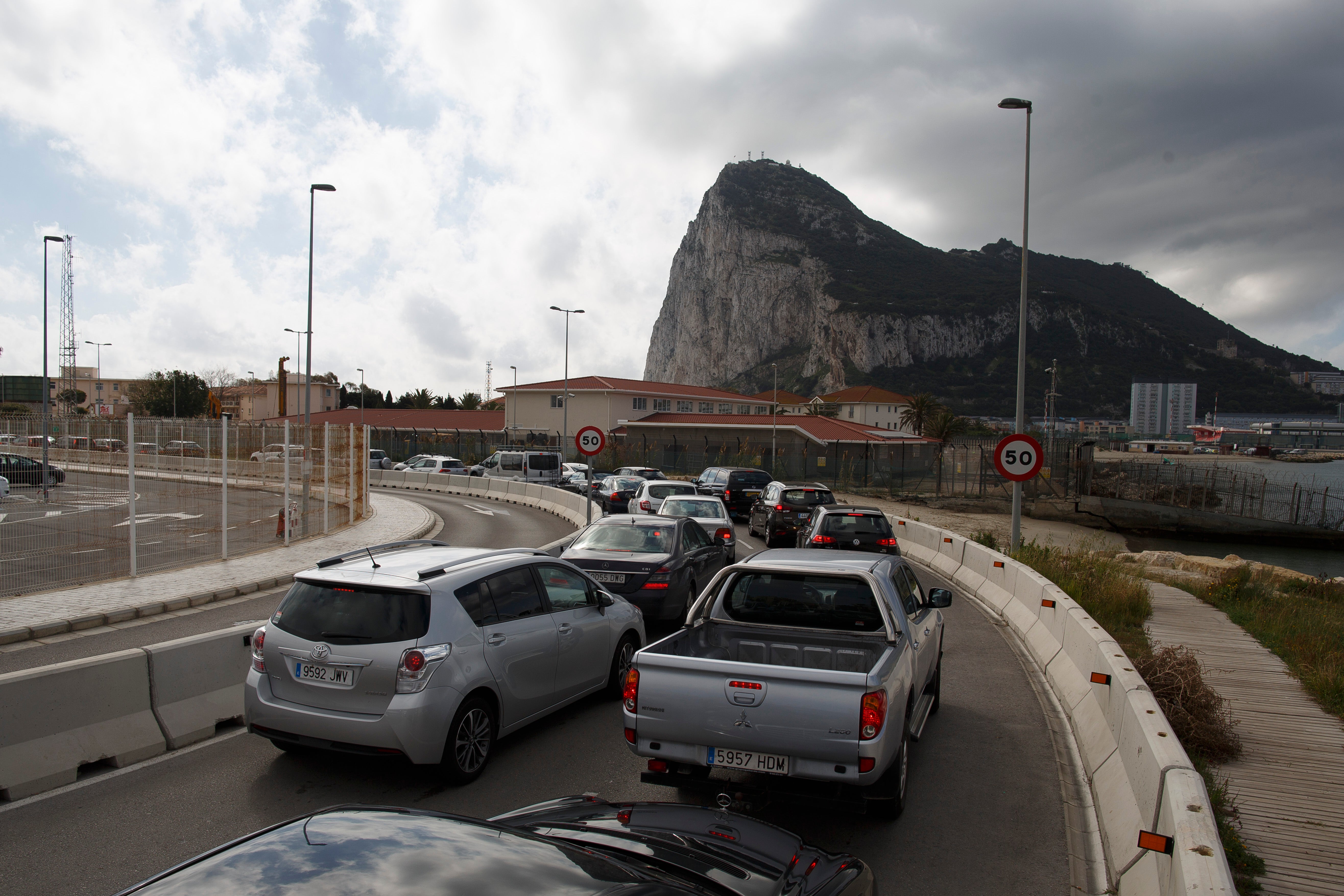 Cars queue to cross the border from Spain to Gibraltar