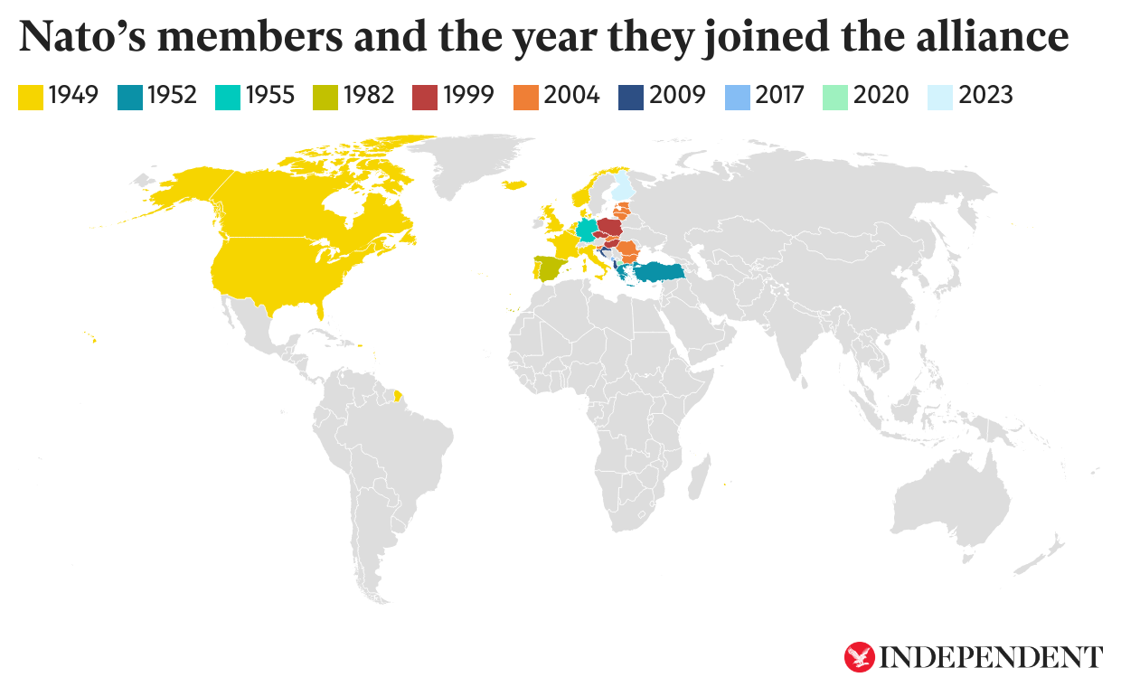 A map to show the world’s Nato member states and the year in which they joined the North Atlantic military alliance