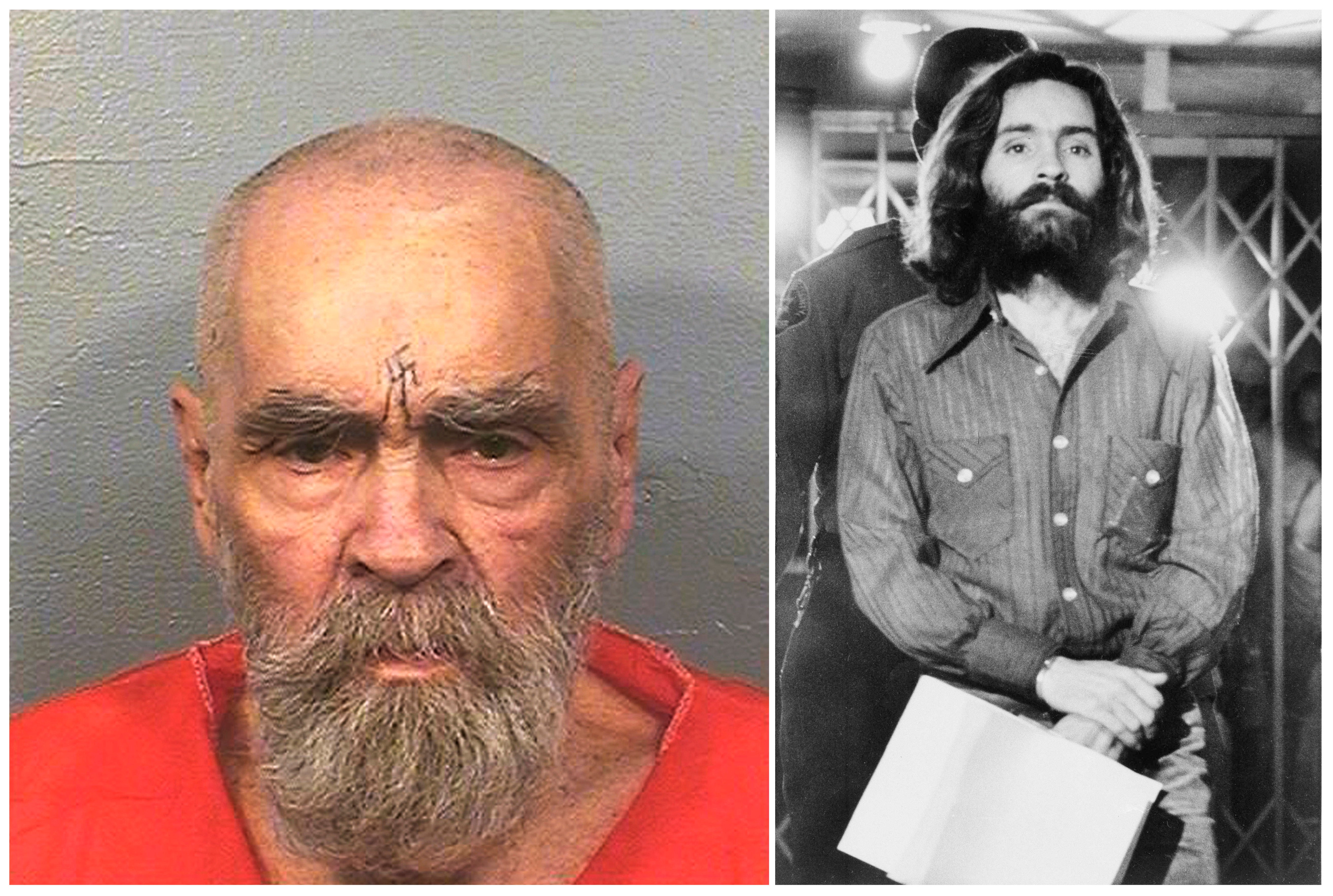 A 2017 mugshot of Manson, left, and a photo of the convicted murderer leaving a courthouse in 1969