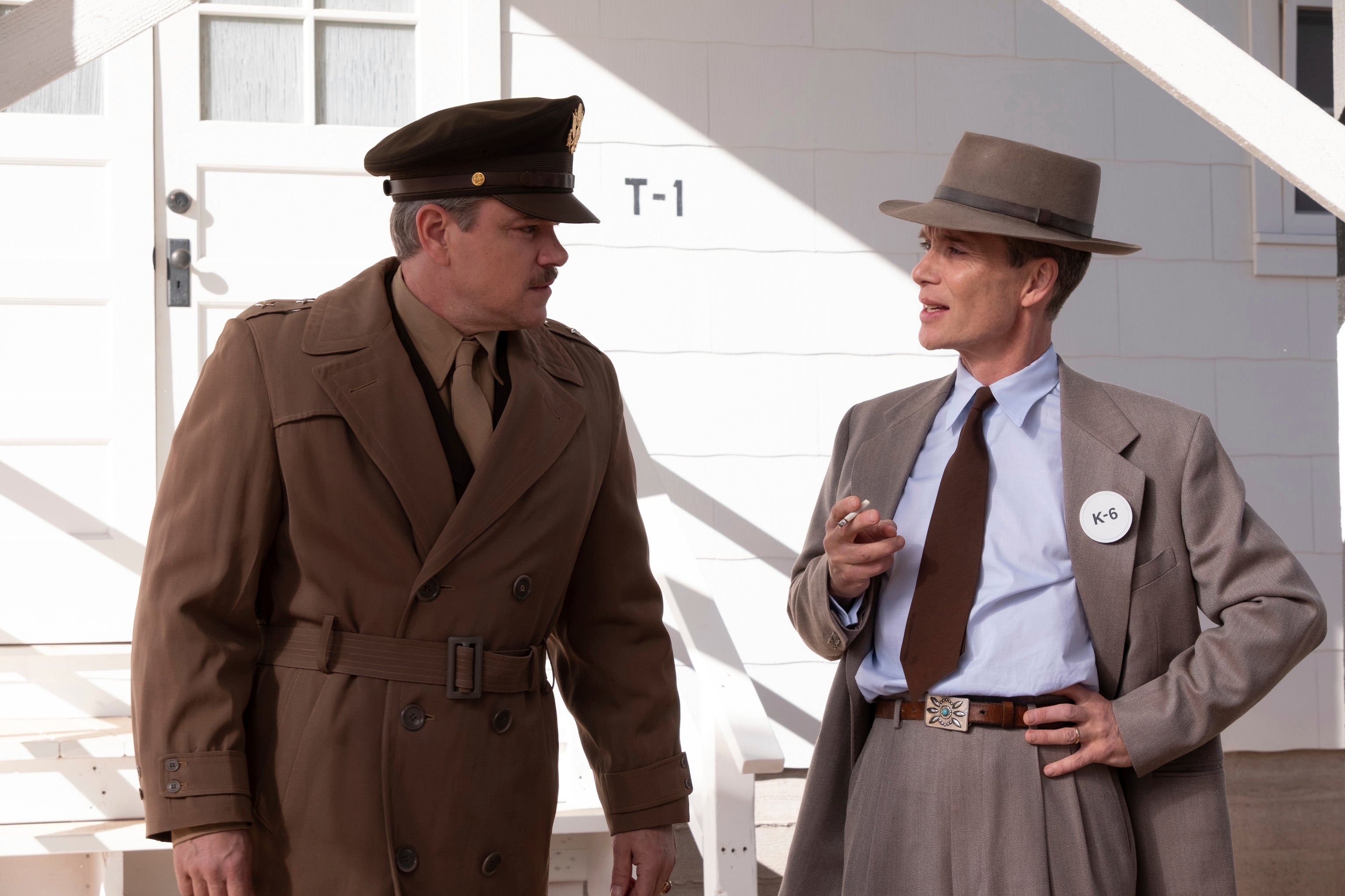 Matt Damon as Gen Leslie Groves, left, and Cillian Murphy as J Robert Oppenheimer