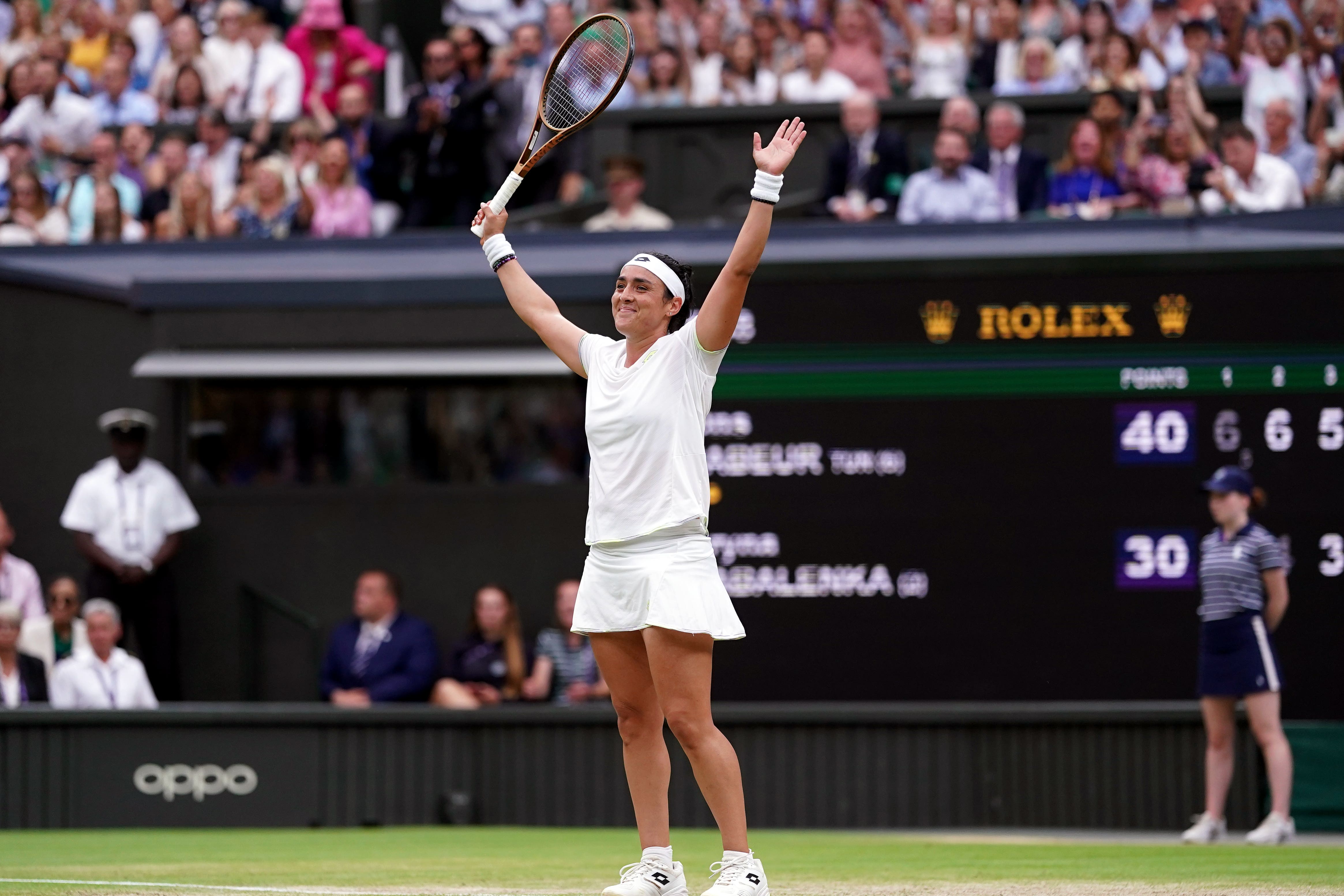 Ons Jabeur celebrates victory over Aryna Sabalenka (Adam Davy/PA)