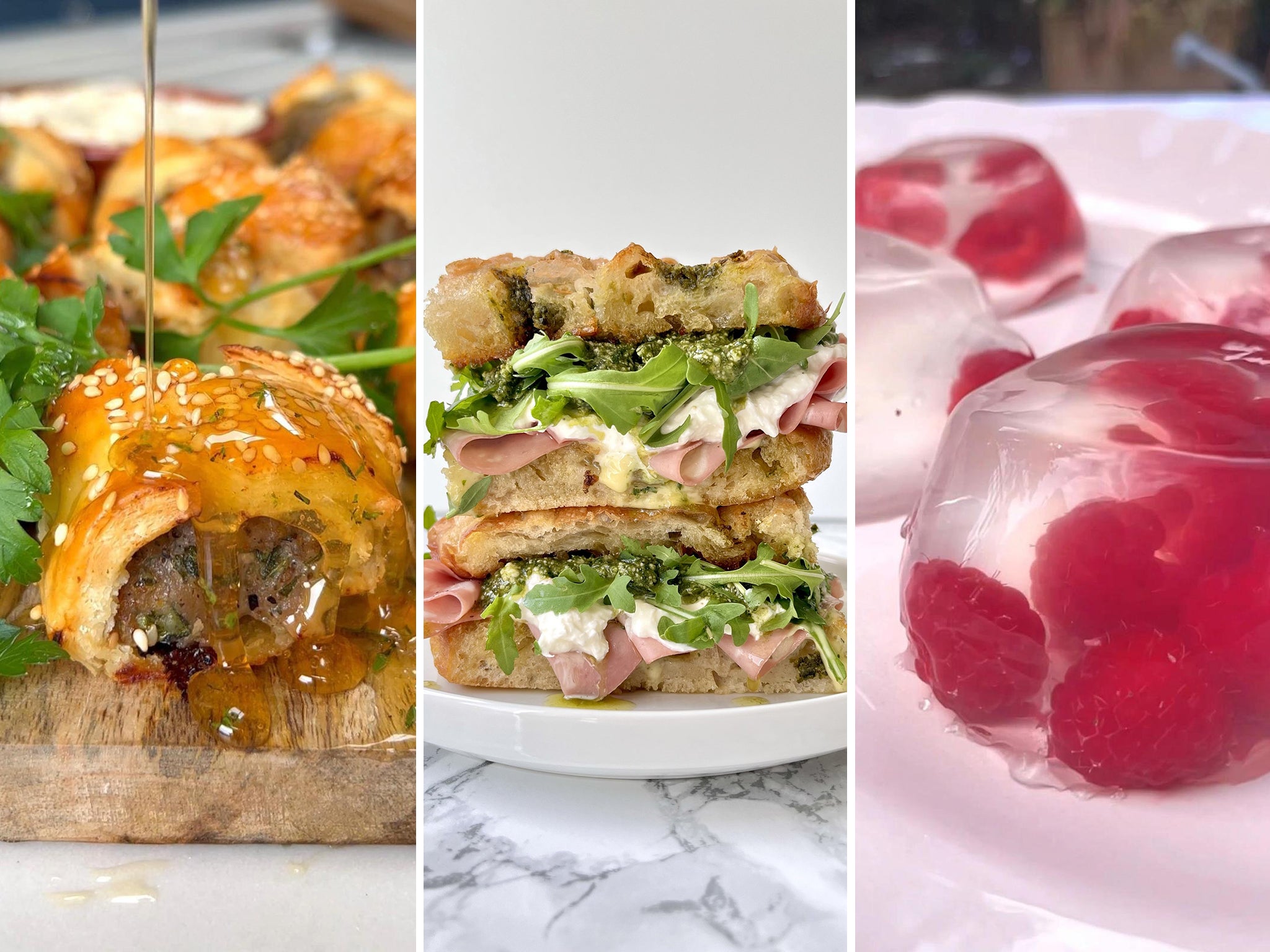 From left: honey and mustard sausage rolls; mortadella, pesto, burrata focaccia sandwich with garlic confit aioli; and elderflower and raspberry jellies