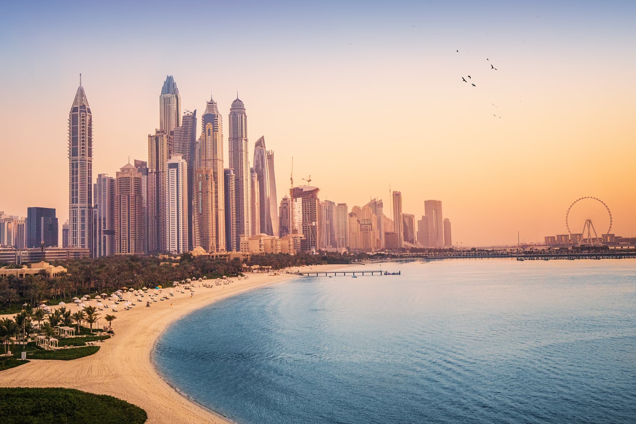 A view of the Dubai Marina and JBR area at sunset