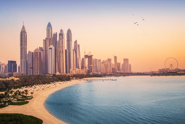 <p>A view of the Dubai Marina and JBR area at sunset </p>