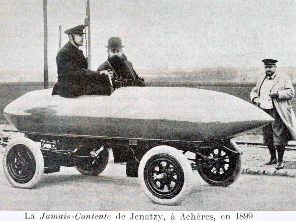 La Jamais Contente, driven by Camille Jenatzy, achieved a land speed record of 106km/h on 29 April, 1899, in Achères, France