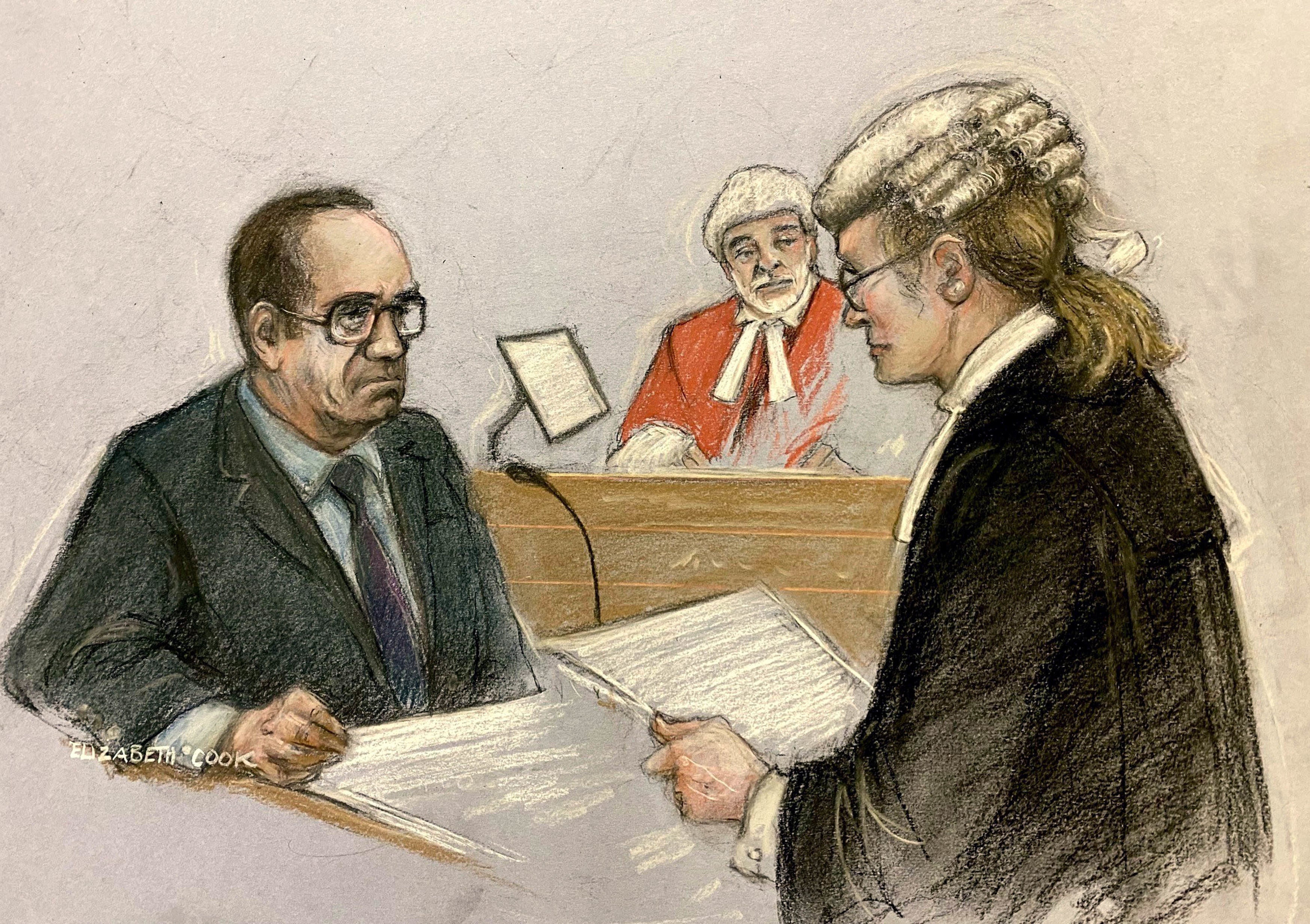 Court artist sketch of Spacey being cross examined by Christine Agnew KC