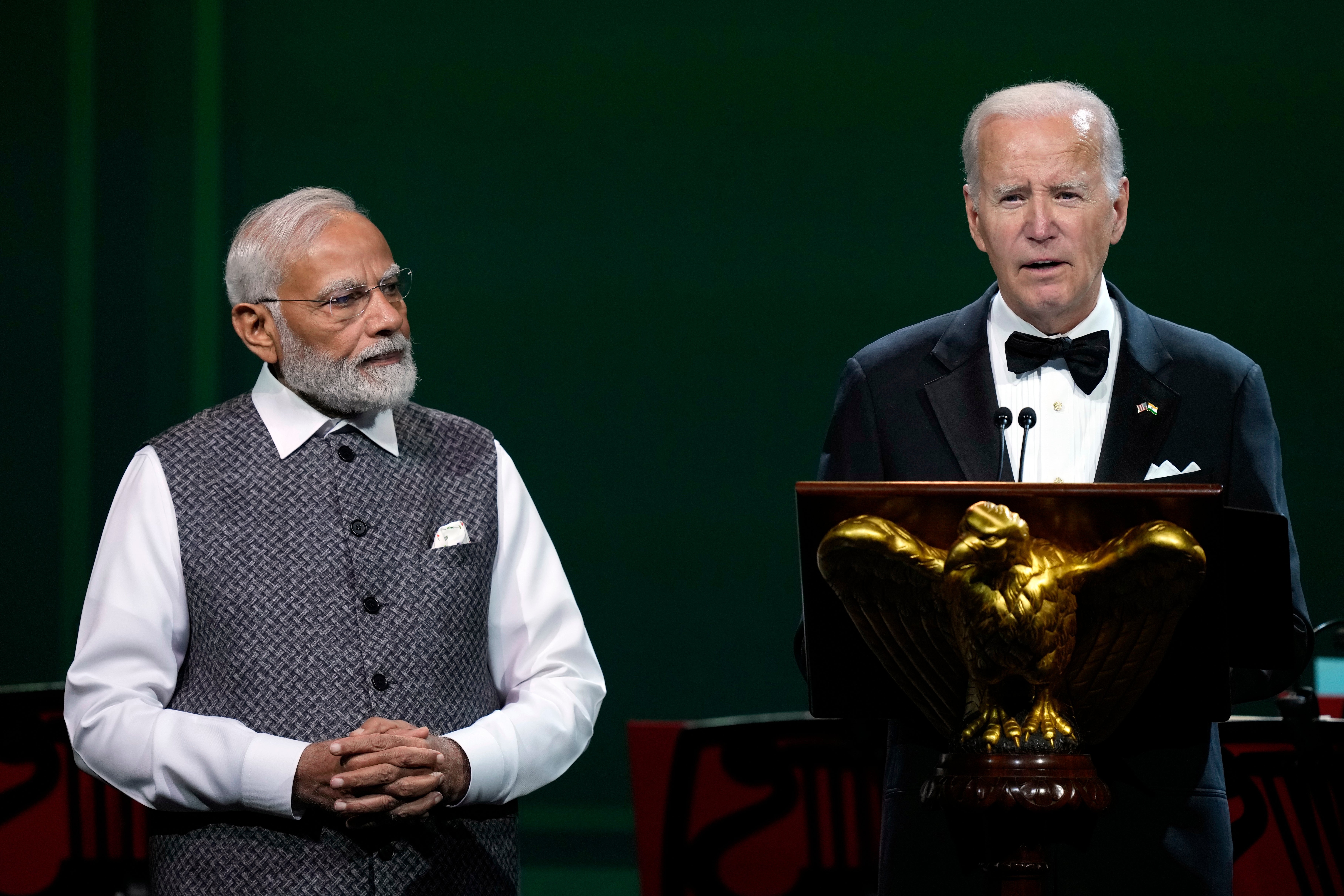 President Joe Biden speaks as he offers a toast during a State Dinner for India's Prime Minister Narendra Modi at the White House in Washington in June 2023