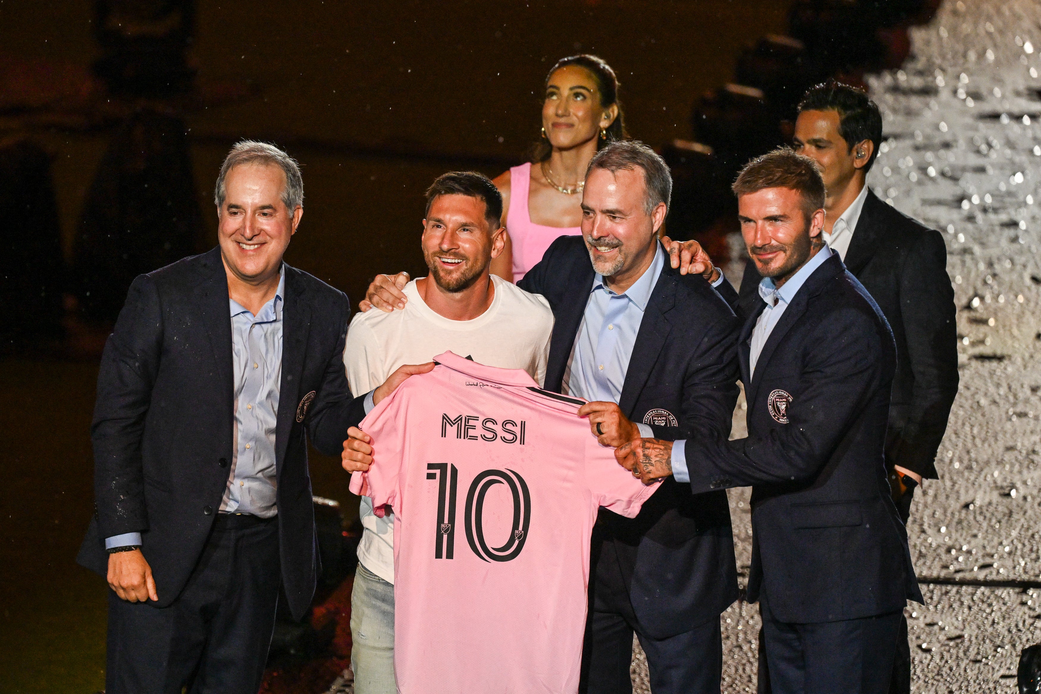 Messi is presented by Miami owners (from right) David Beckham, Jose Mas and Jorge Mas