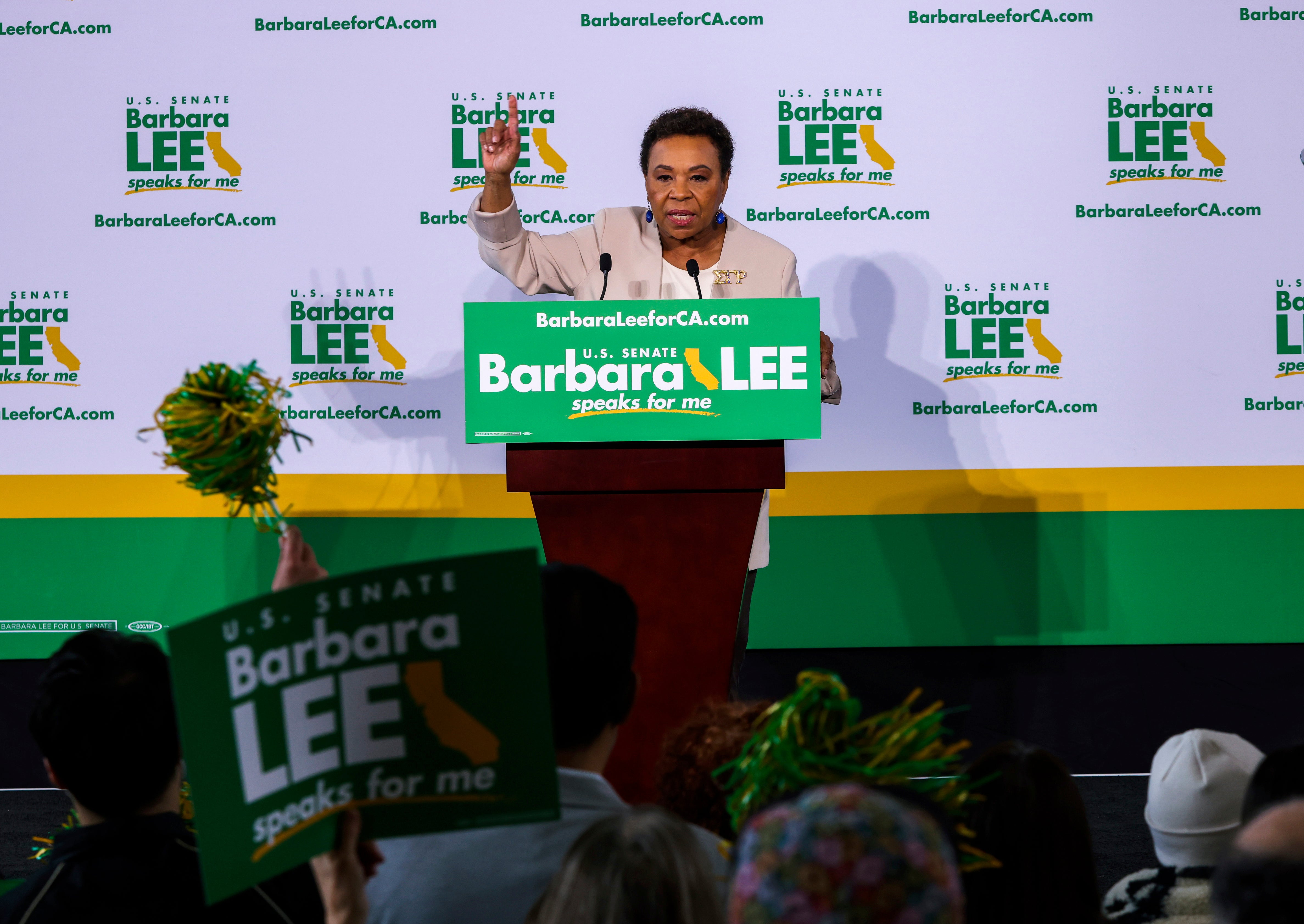 Barbara Lee speaks at her US Senate campaign launch event