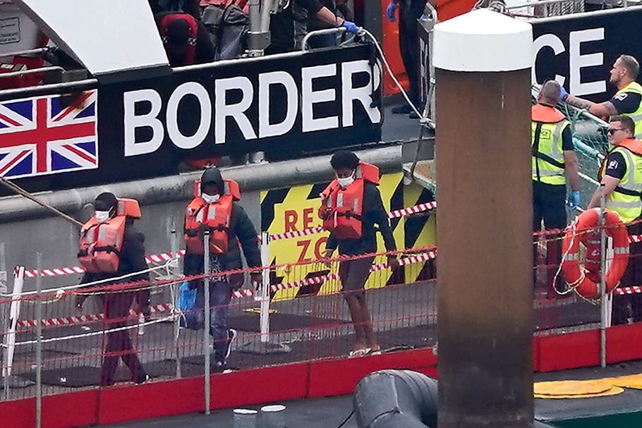 A group of people thought to be migrants are brought in to Dover, Kent, onboard a Border Force vessel after being rescued during a small boat incident in the Channel (Gareth Fuller/PA)