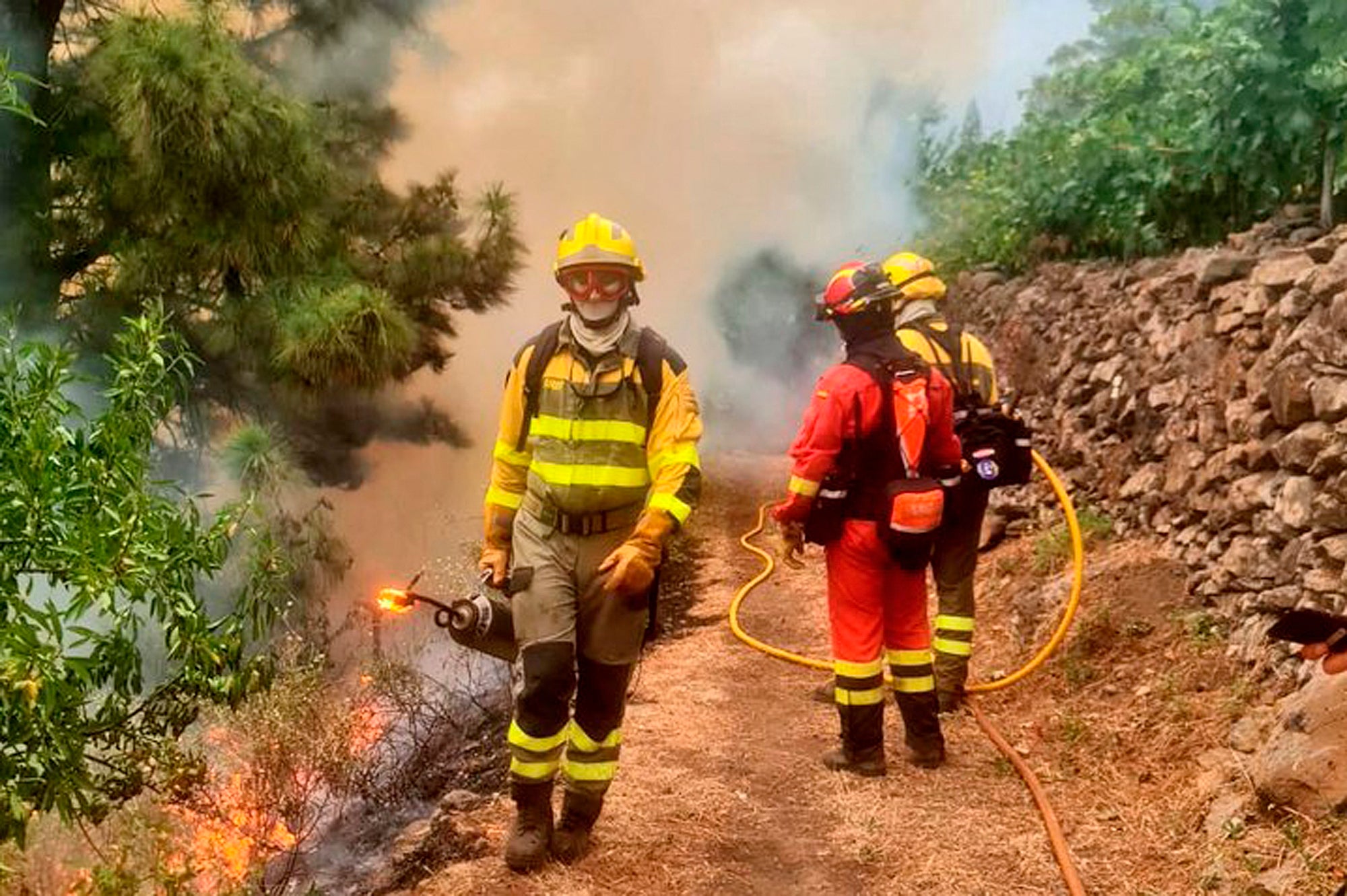 In this photo taken by UME (military emergency unit), firefighters work to extinguish a forest fire in the Puntagorda area on the Canary island of La Palma, Spain, Monday July 17, 2023.