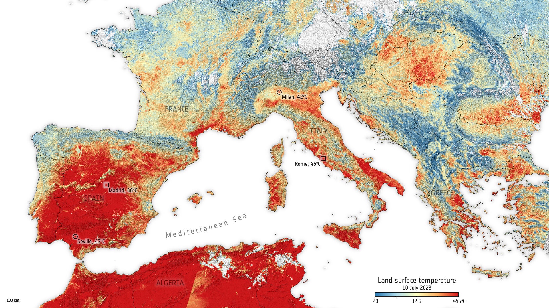 This image uses data from the Copernicus Sentinel-3 mission’s radiometer instrument and shows the land surface temperature across Europe and parts of northern Africa in the morning of 10 July