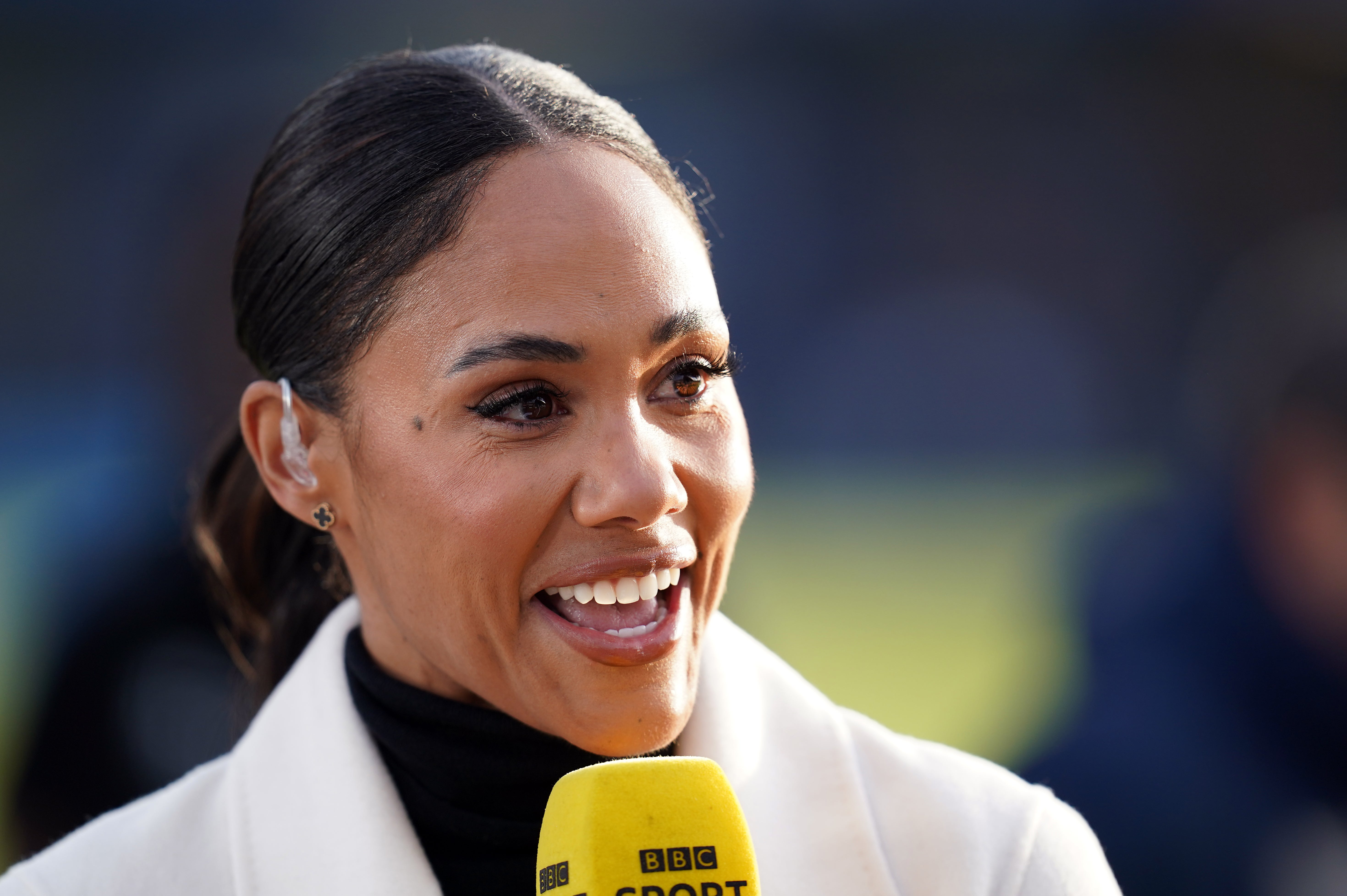 BBC Sport presenter Alex Scott during the Barclays Women’s Super League match at Kingsmeadow, London on Wednesday 3 May, 2023.