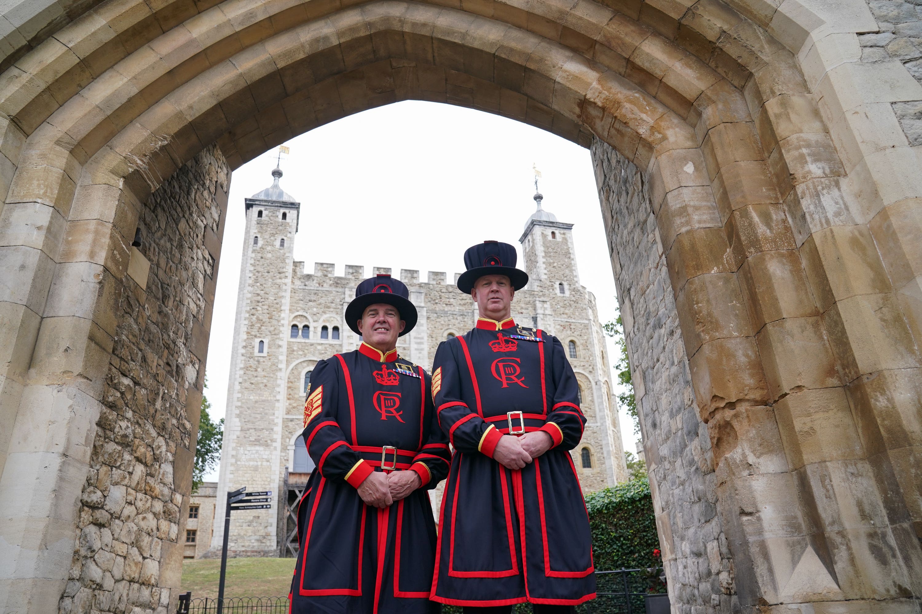 New Chief Yeoman Warder Rob Fuller (left) and Yeoman gaoler Clive Towell on their first day in post at the Tower of London (Lucy North/PA)