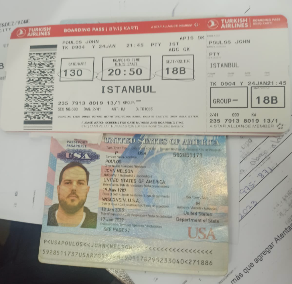 Authorities in Panama released images of John Poulos’ US passport and plane tickets to Turkey