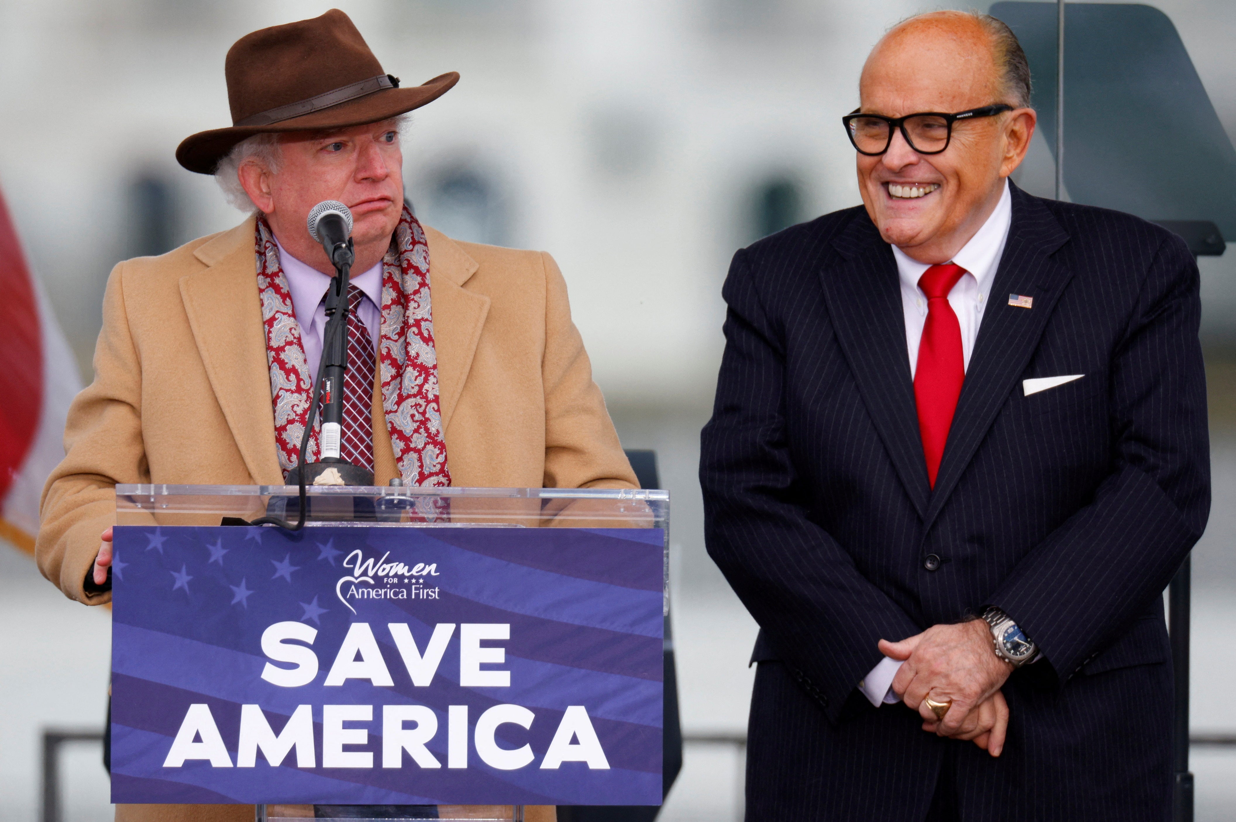 Trump attorneys John Eastman and Rudy Giuliani speak to the president’s supporters in Washington, DC, on 6 January 2021.