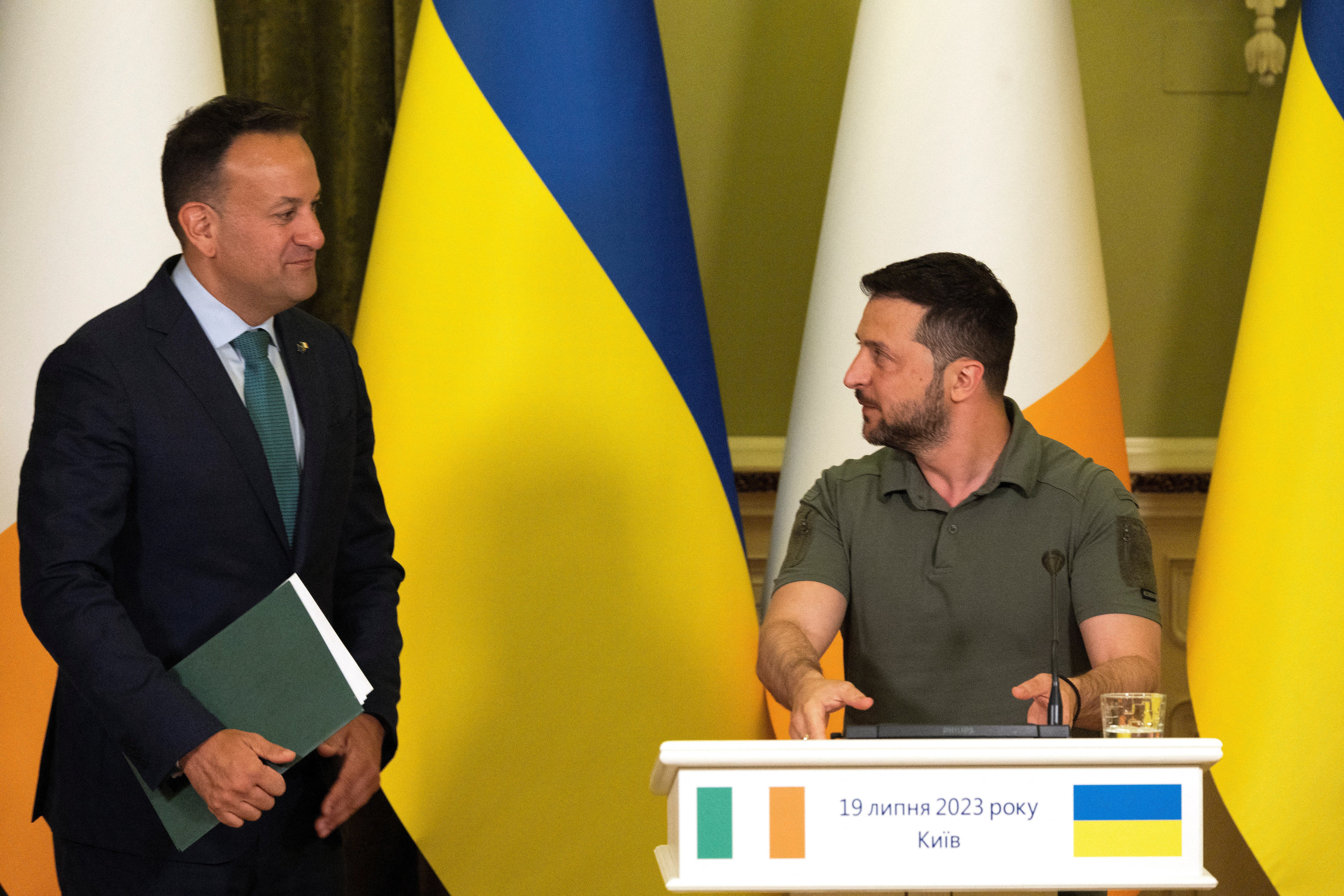 Taoiseach Leo Varadkar, left, with Ukraine’s President Volodymyr Zelensky ahead of a joint news briefing at Horodetskyi House in Kyiv, Ukraine (Clodagh Kilcoyne/PA)