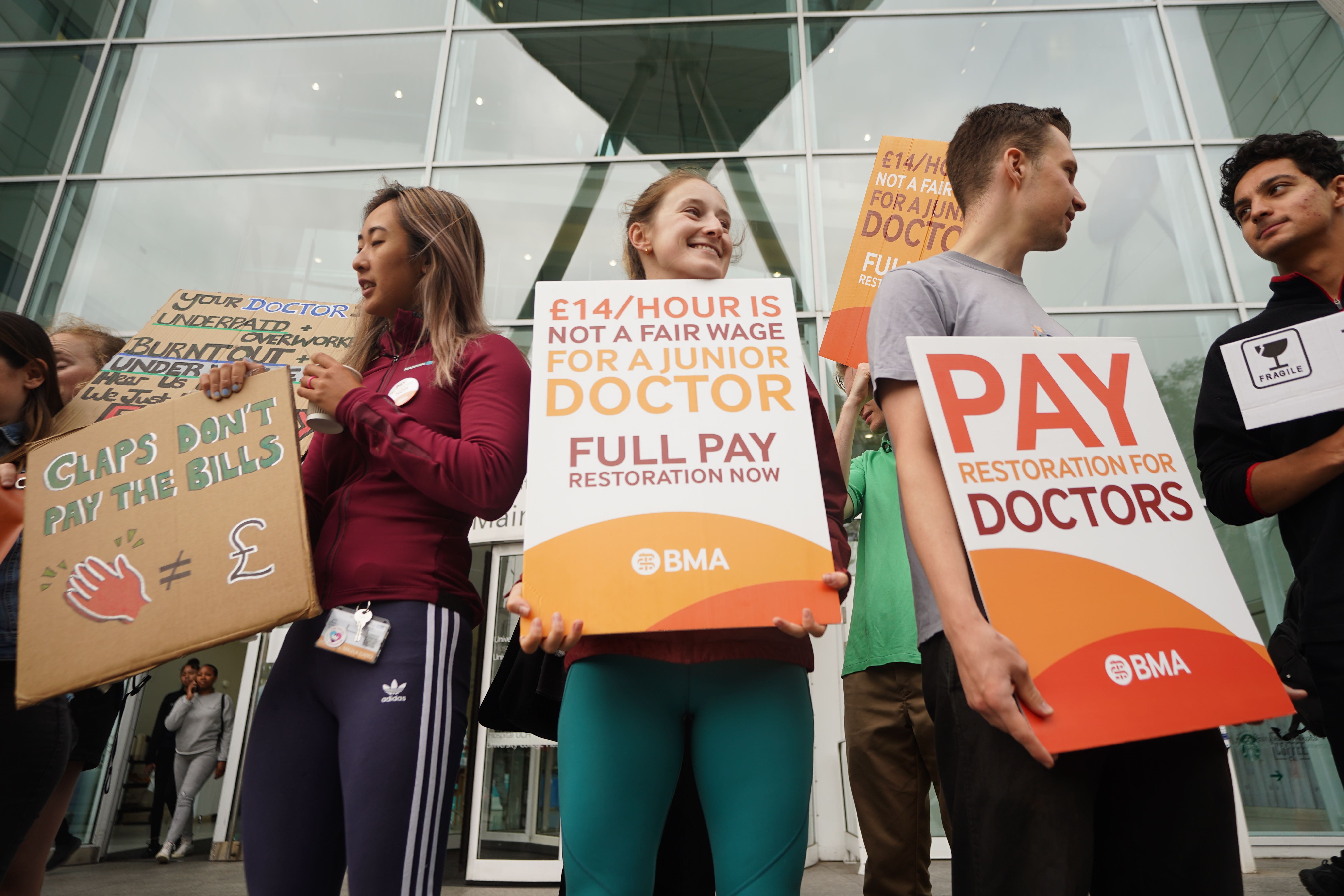 Junior doctor members of the British Medical Association on the picket line outside University College London hospital in London, during a five-day strike amid a continuing dispute over pay. Membership of the BMA has reached a record high (James Manning/PA)