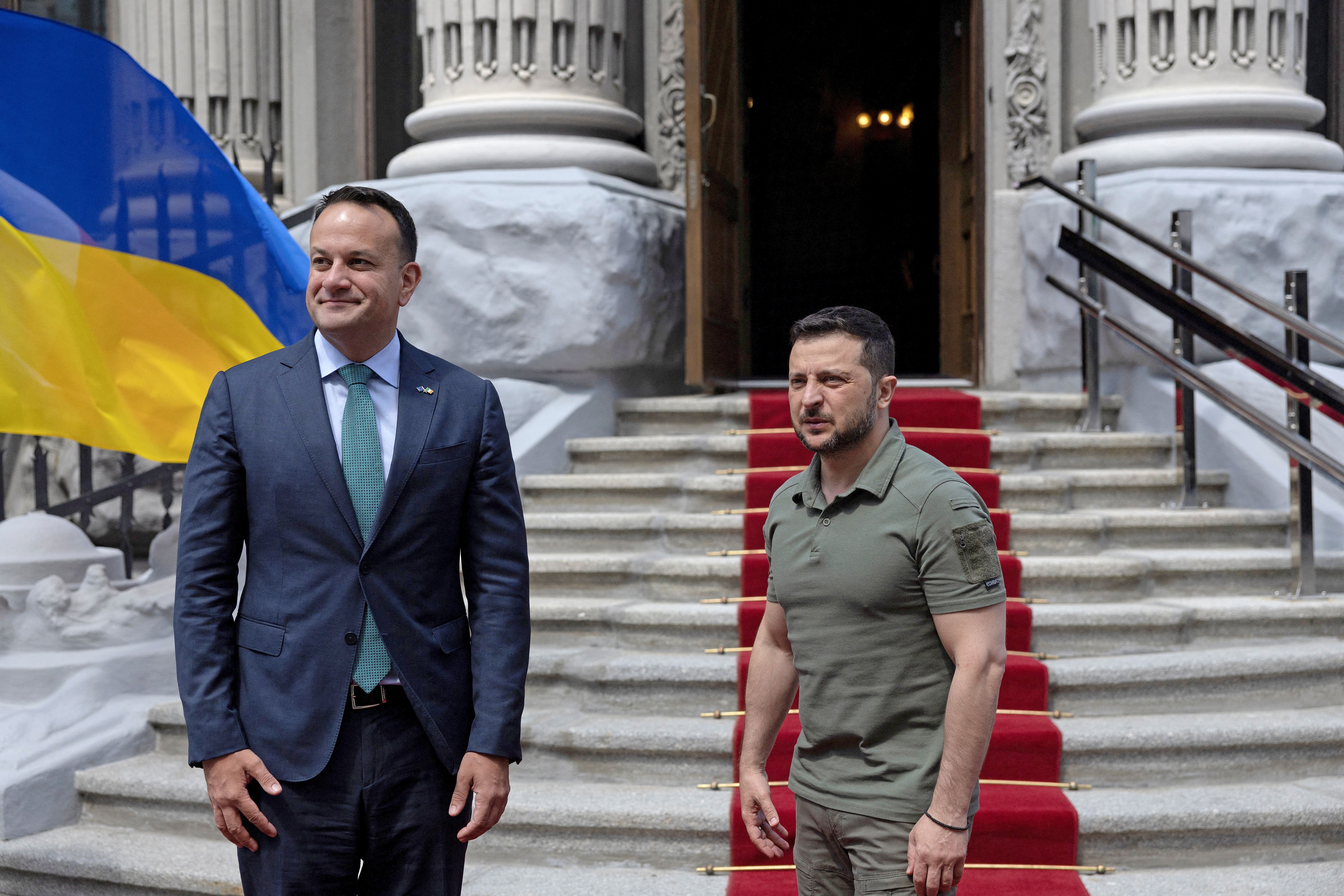 Ukraine’s President Volodymyr Zelensky welcomes Taoiseach Leo Varadkar ahead of a meeting at Horodetskyi House, in Kyiv, Ukraine. Picture date: Wednesday July 19, 2023.