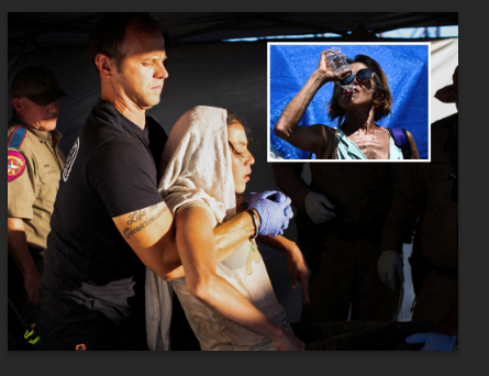 An EMT lifts a woman suffering from heat exhaustion onto a stretcher in Eagle Pass, Texas. Inset: A woman downs water in Phoenix, Arizona where the temperature has been above 110F for three weeks