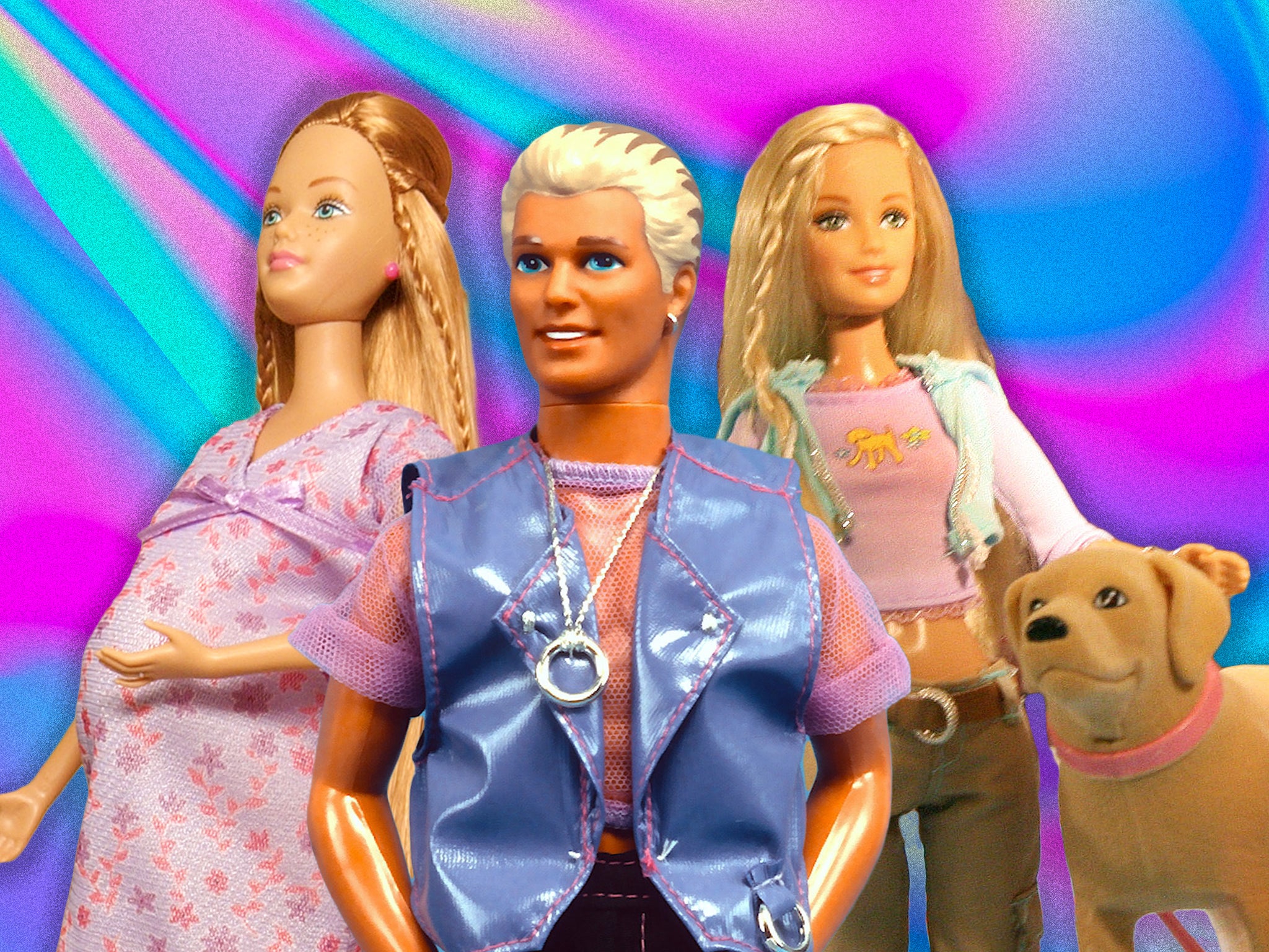 Welcome to the dollhouse: Happy Family Midge, Earring Magic Ken and Barbie with her dog Tanner