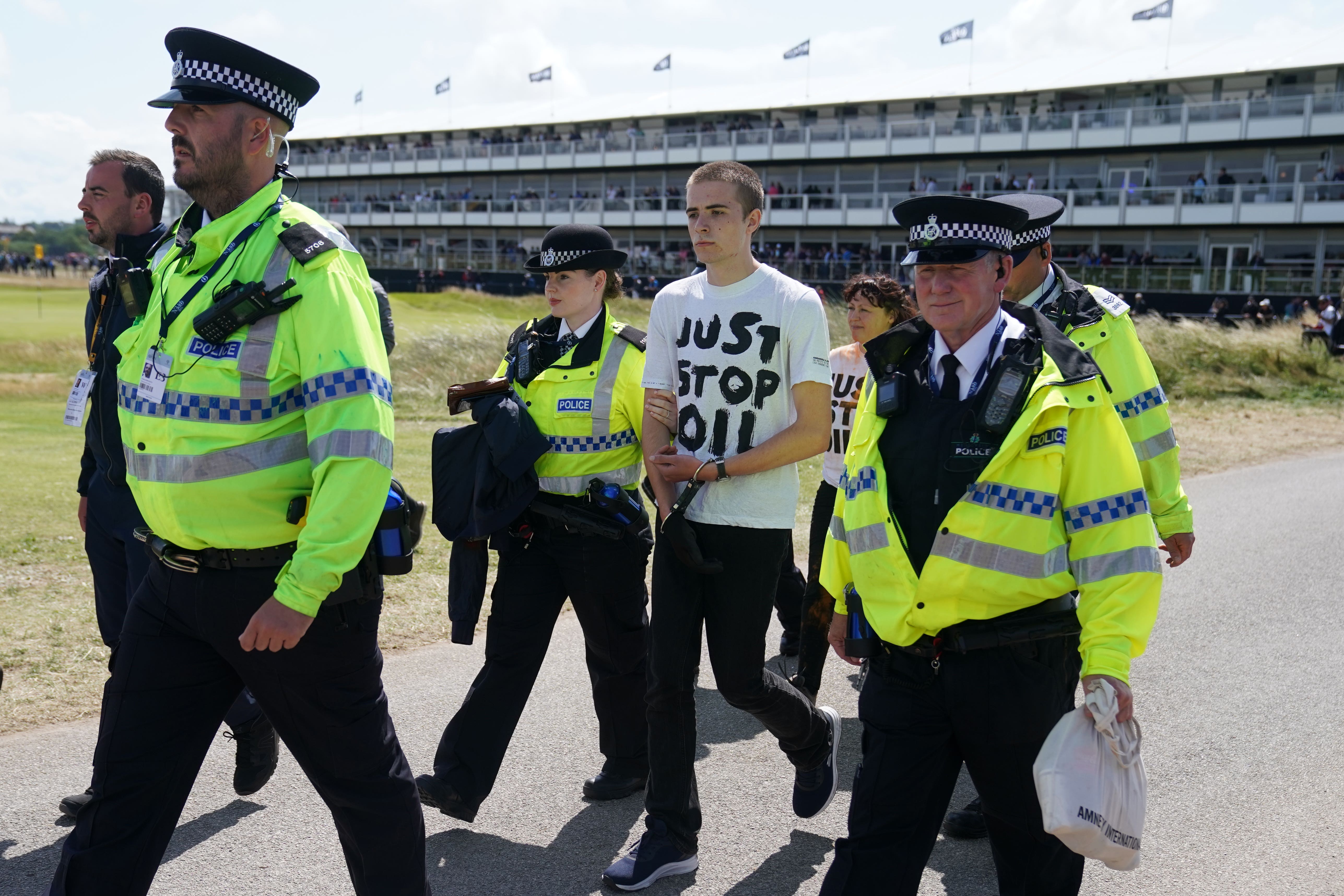 Four Just Stop Oil protesters were arrested after disrupting the Open at Royal Liverpool (Richard Sellers/PA)