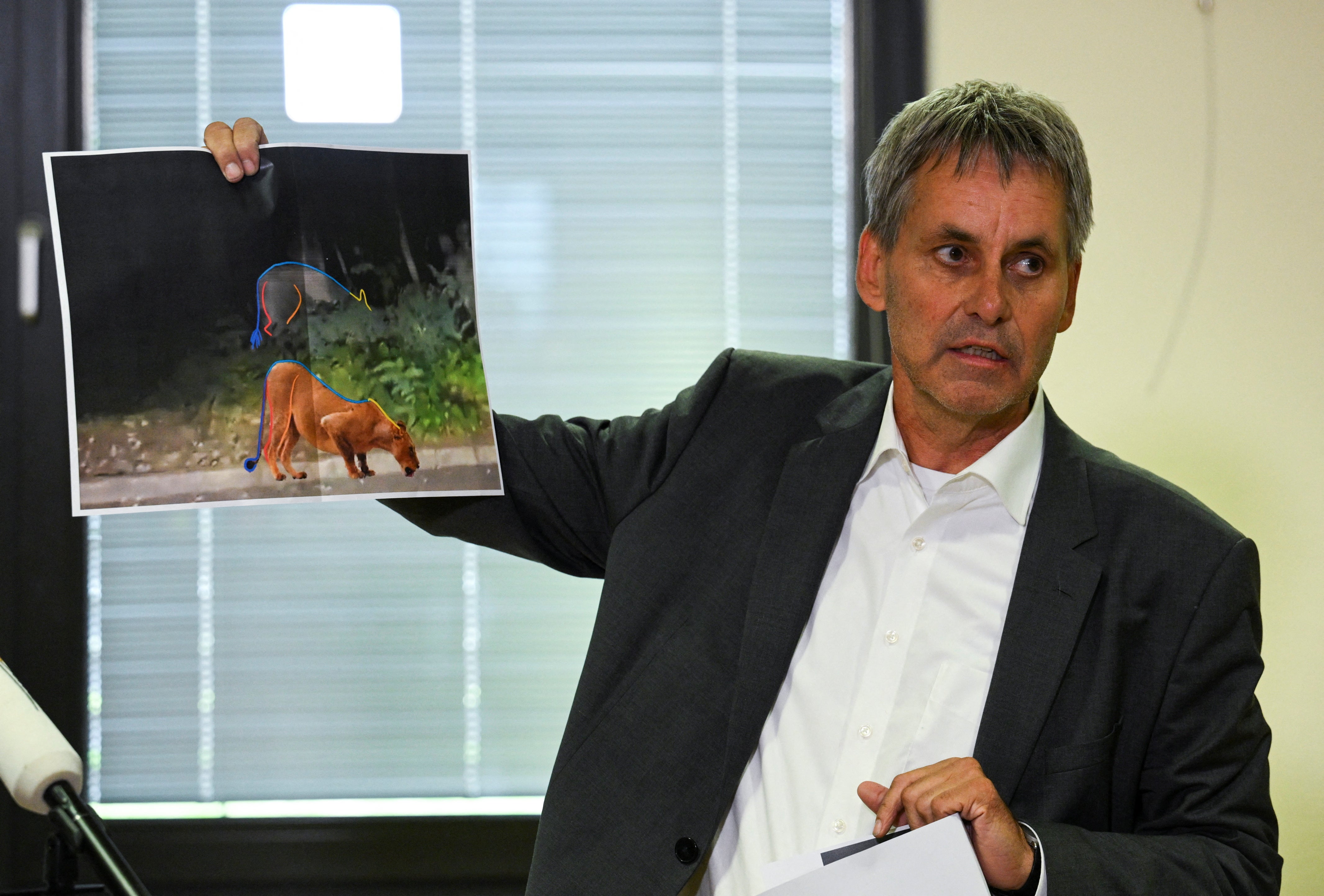 Michael Grubert, mayor of Kleinmachnow, holds a picture demonstrating that suspected animal on the loose may not be a lion