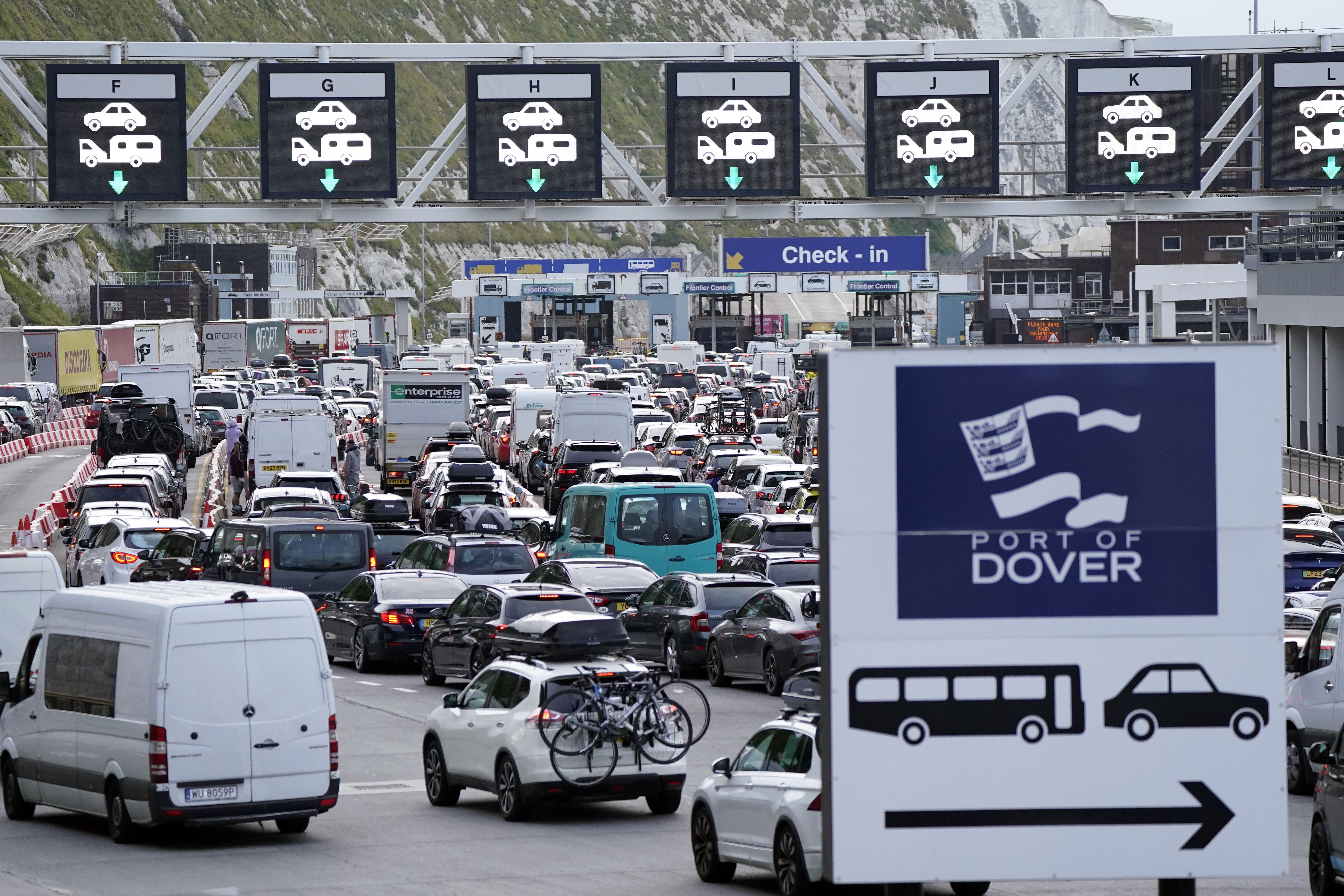 Lorries and cars queue at the Port of Dover (Andrew Matthews/PA)