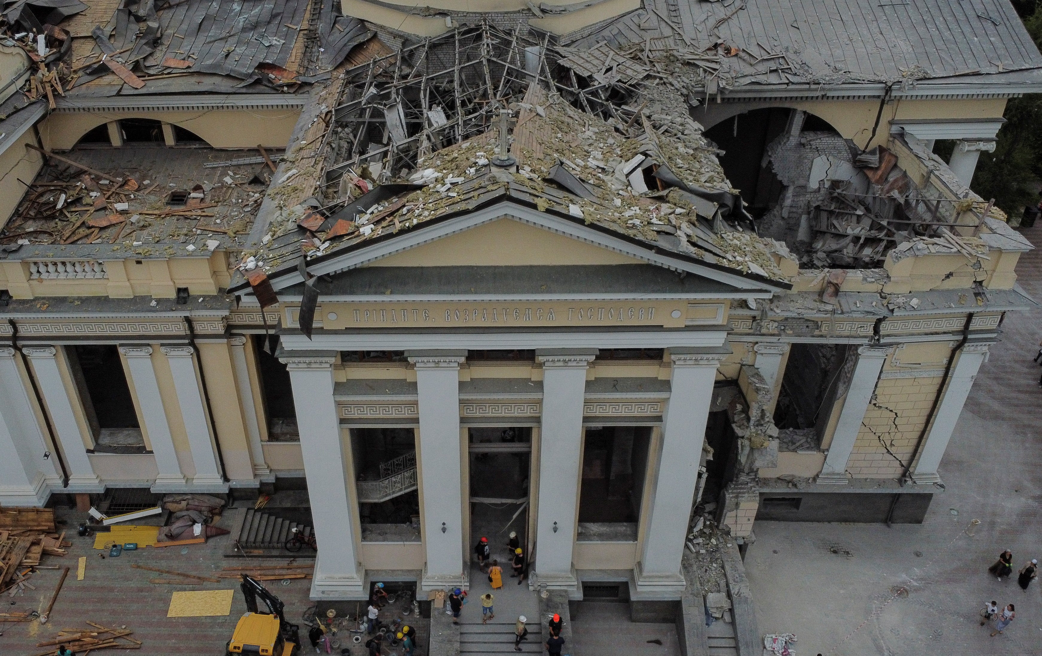 The damaged Transfiguration Cathedral in the Ukrainian port city of Odesa