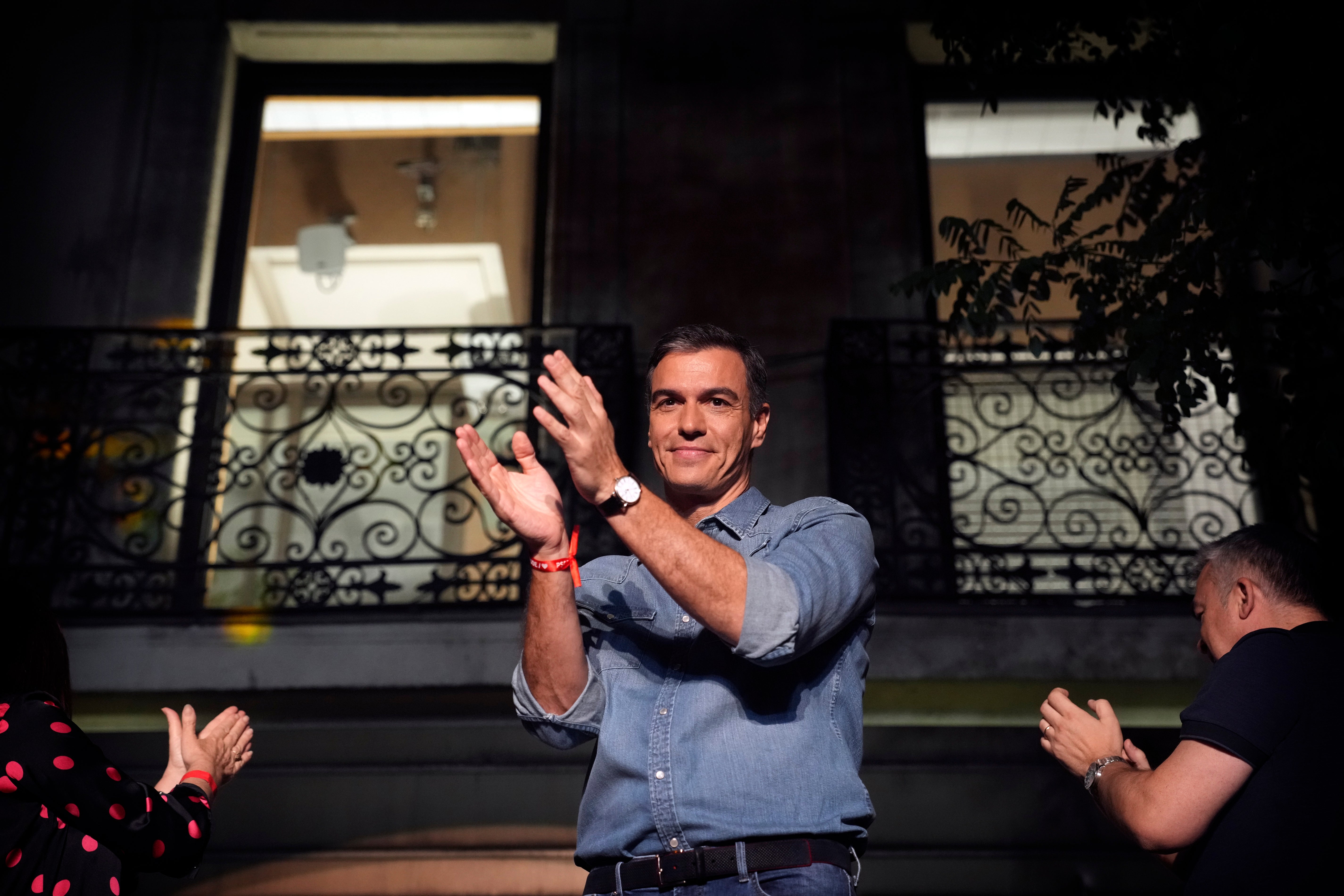 Socialist Workers’ Party leader and current prime minister Pedro Sanchez greets supporters in Madrid after Sunday’s election