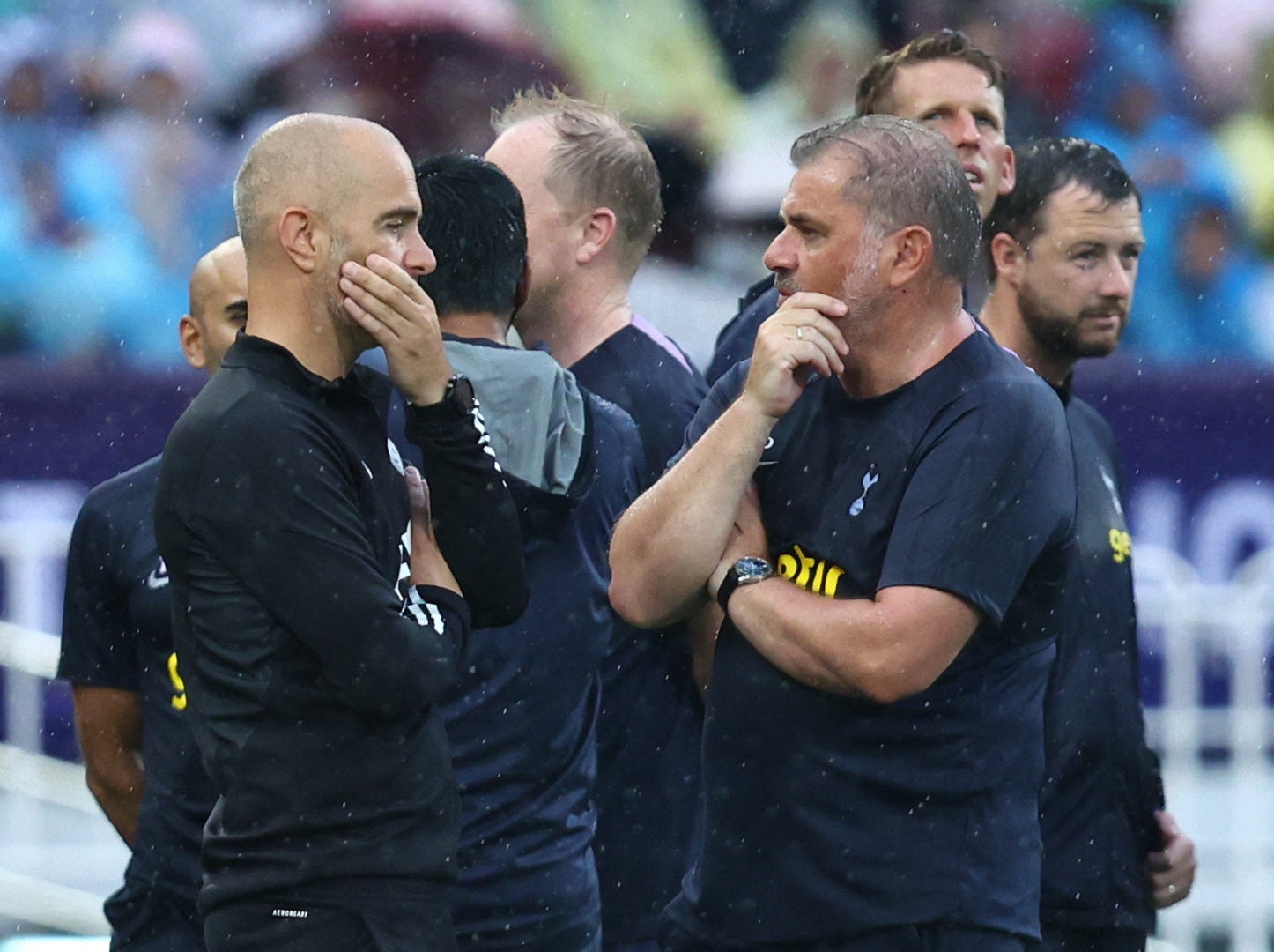 Ange Postecoglou, right, before a washed-out friendly with Leicester in Bangkok