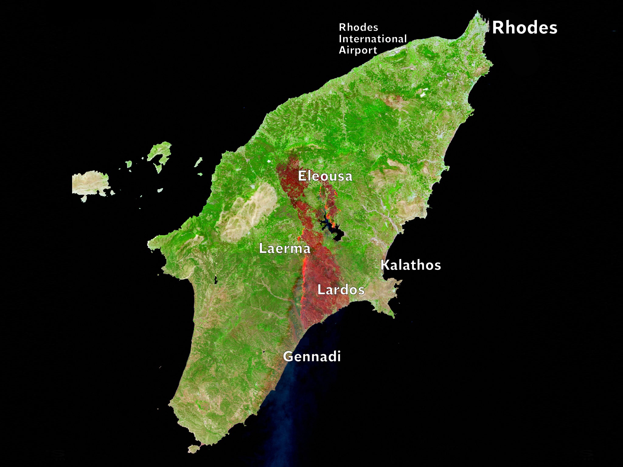 A satellite image shows the area affected by wildfires in Rhodes