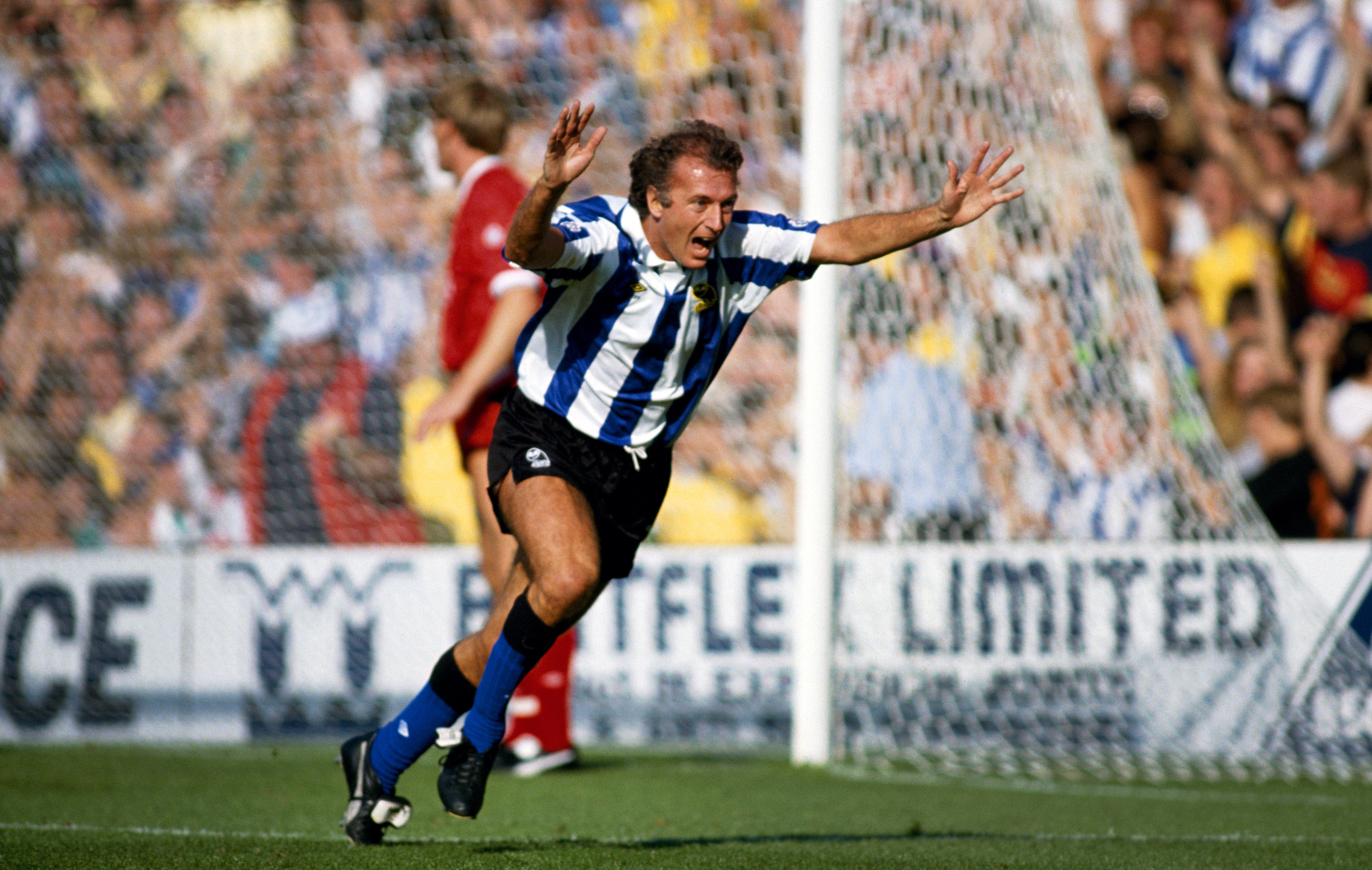 Trevor Francis celebrating after scoring a goal for Sheffield Wednesday, September 1991