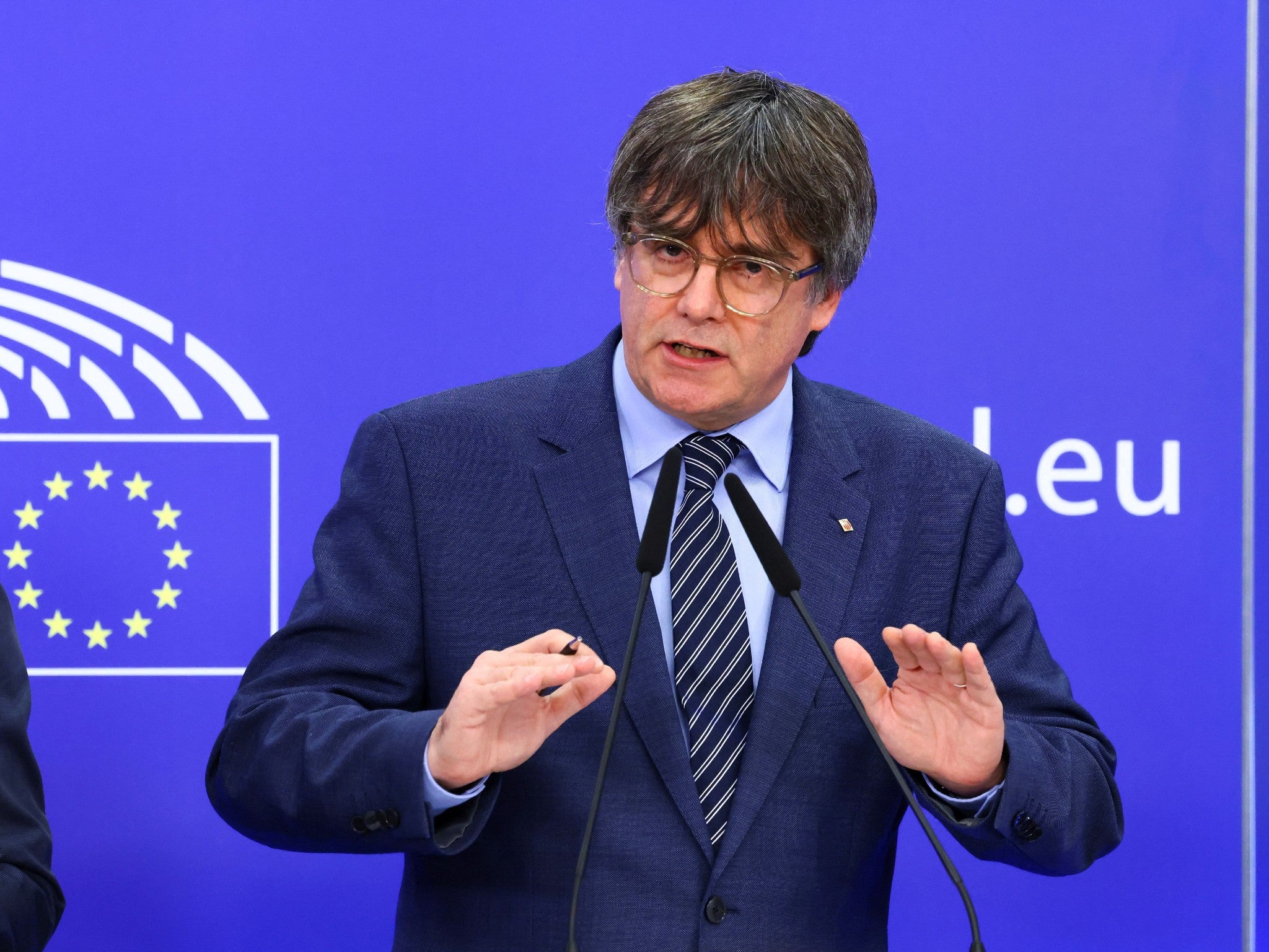 Carles Puigdemont speaks at the European parliament in Brussels earlier this month