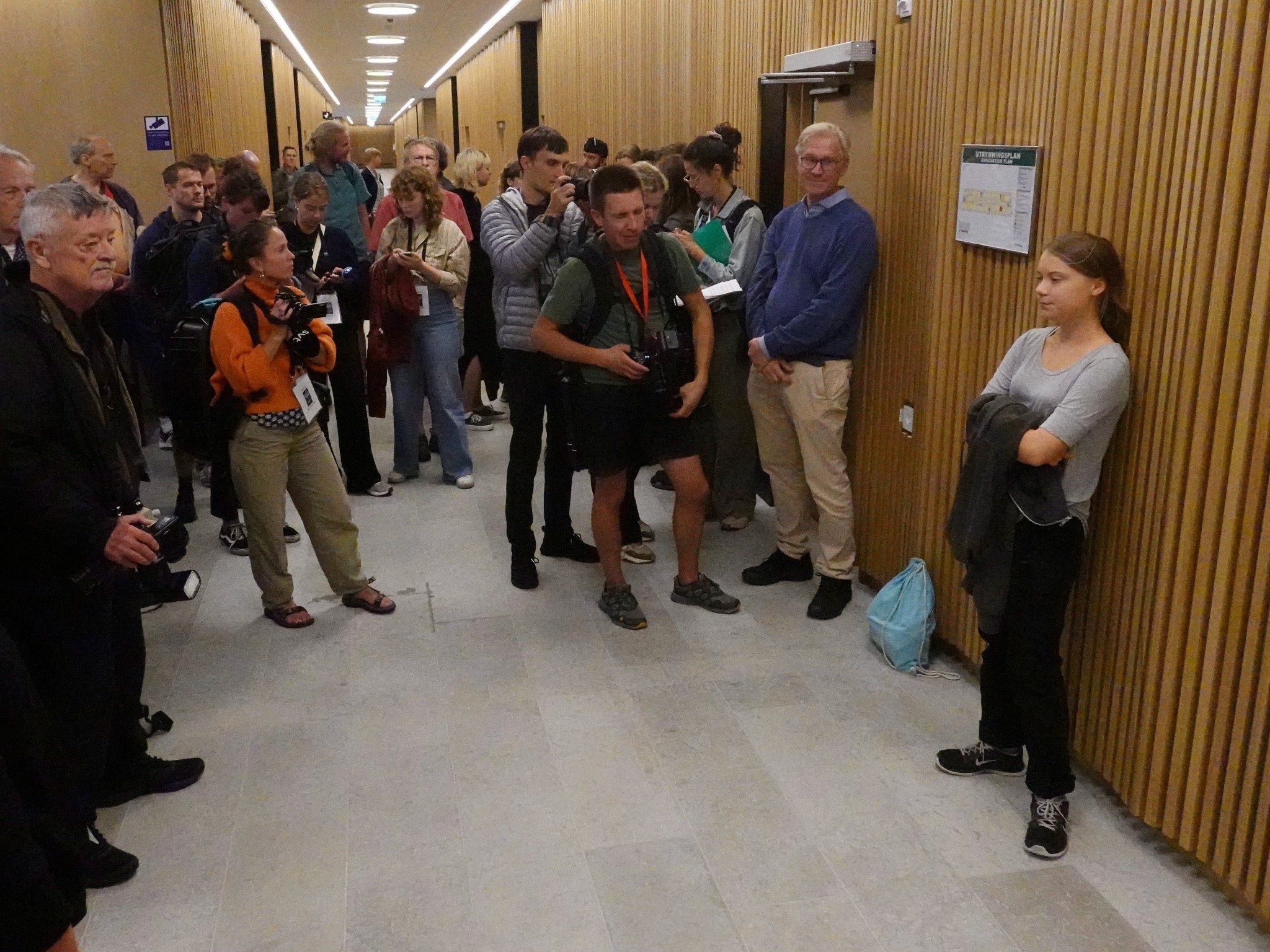 Greta Thunberg waits at the district court in Malmo on Monday